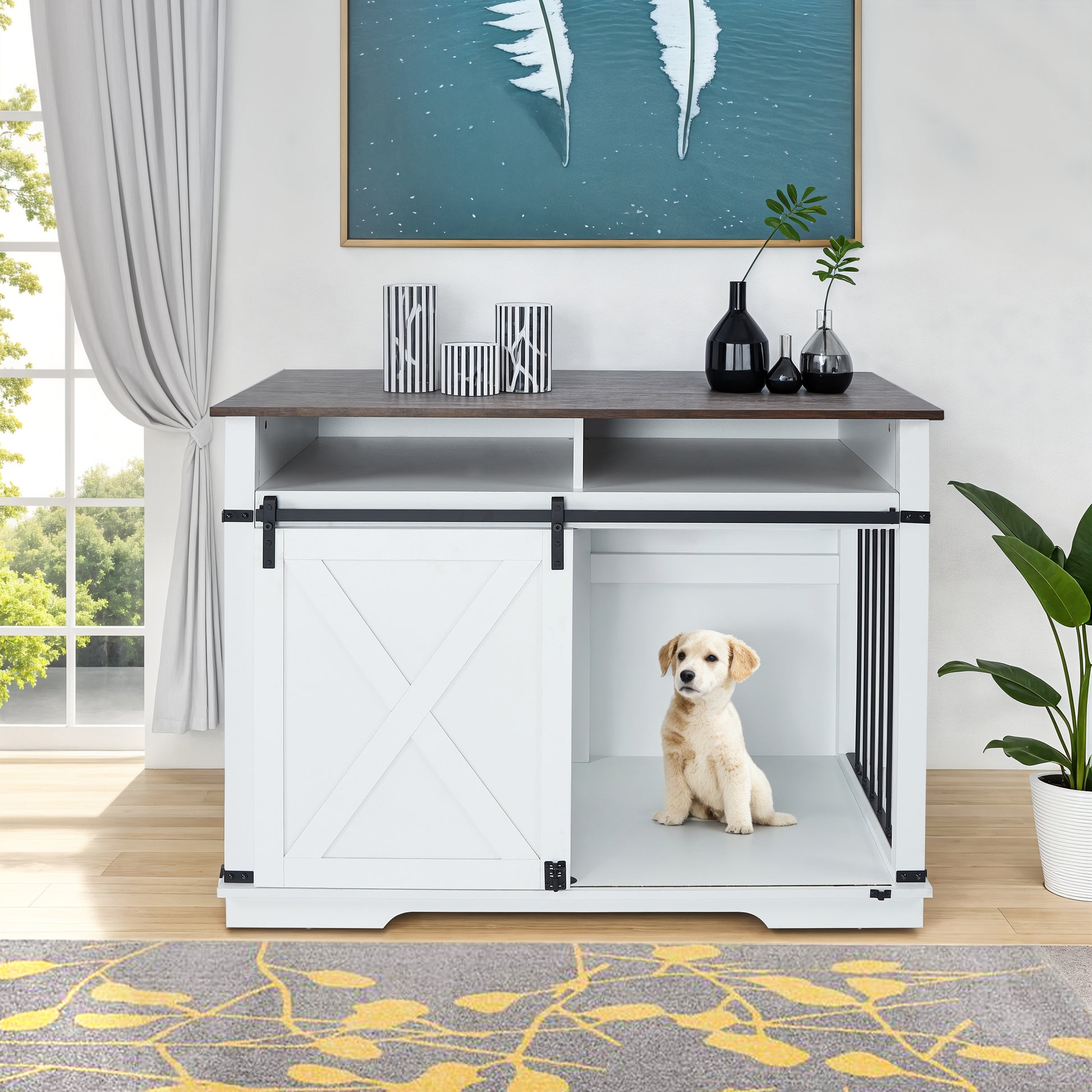 Wf005 Wh,The Dog Cage Has A Large Space White Linen