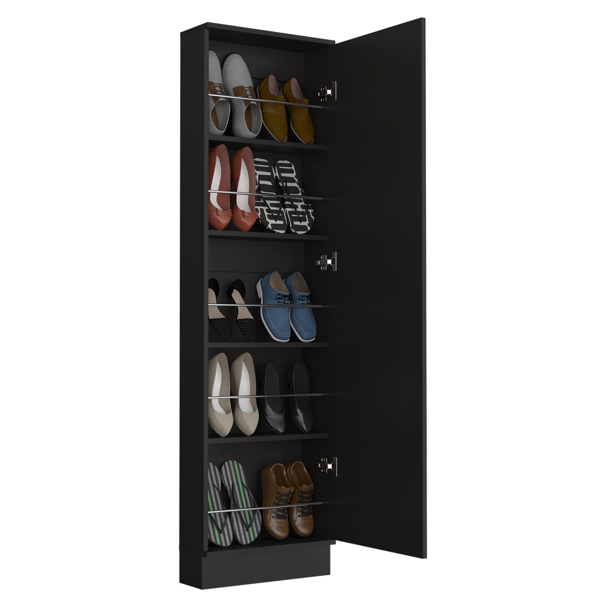 Shoe Rack 67" H, Five Internal Storage Shelves, A Mirror, A Door, Approximate Capacity Of 10 Pairs Of Shoes, Black Black Particle Board Particle Board