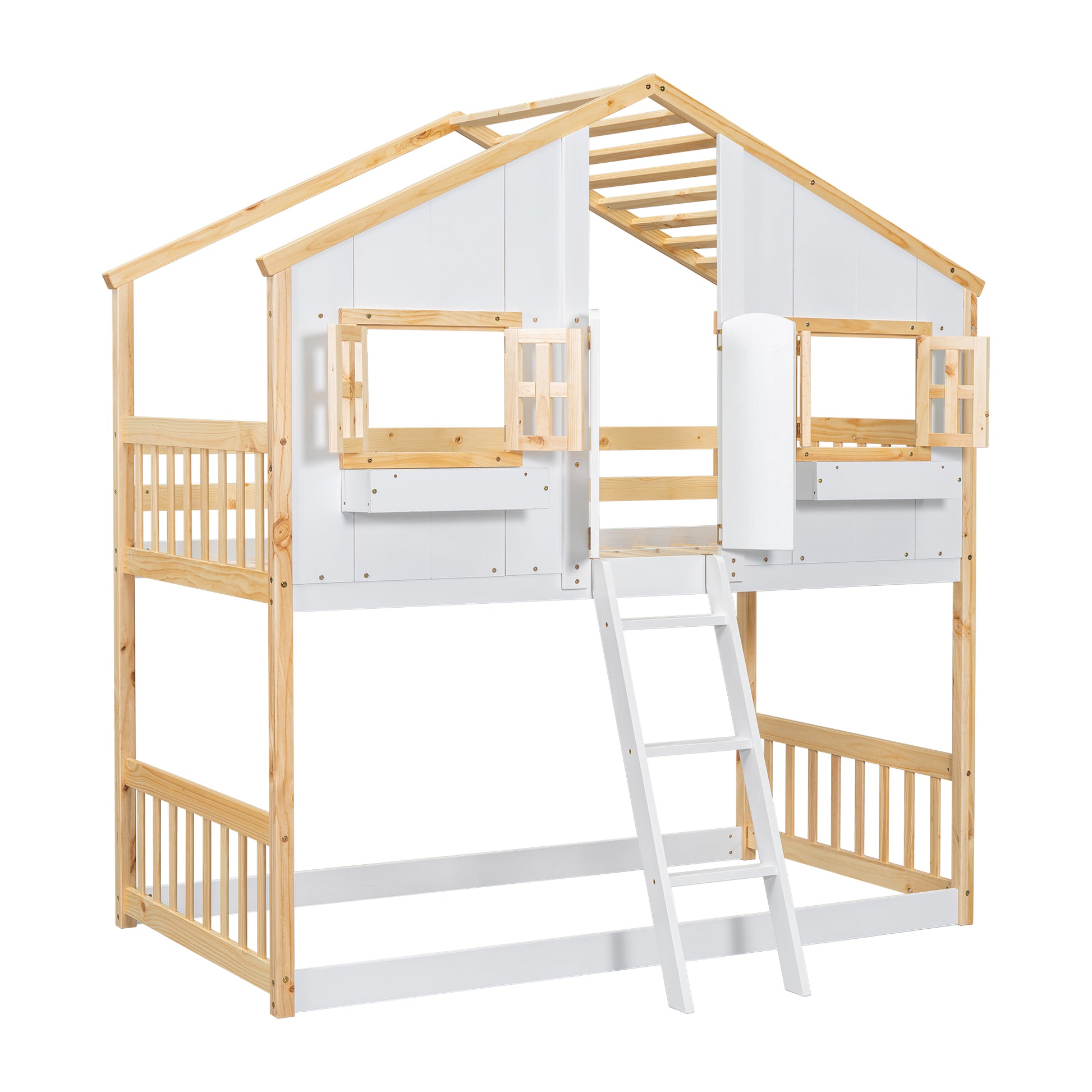 Twin Over Twin House Bunk Bed With Roofwindow, Window Box, Doorwith Safety Guardrails And Ladder, Natural White Twin Natural White Pine