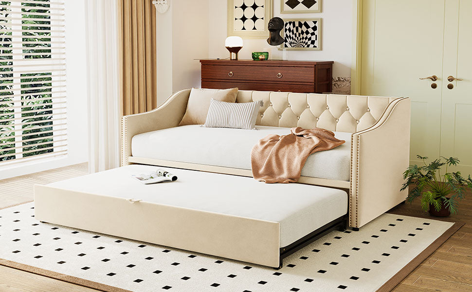 Twin Size Upholstered Daybed With Pop Up Trundle, Beige Twin Beige Upholstered