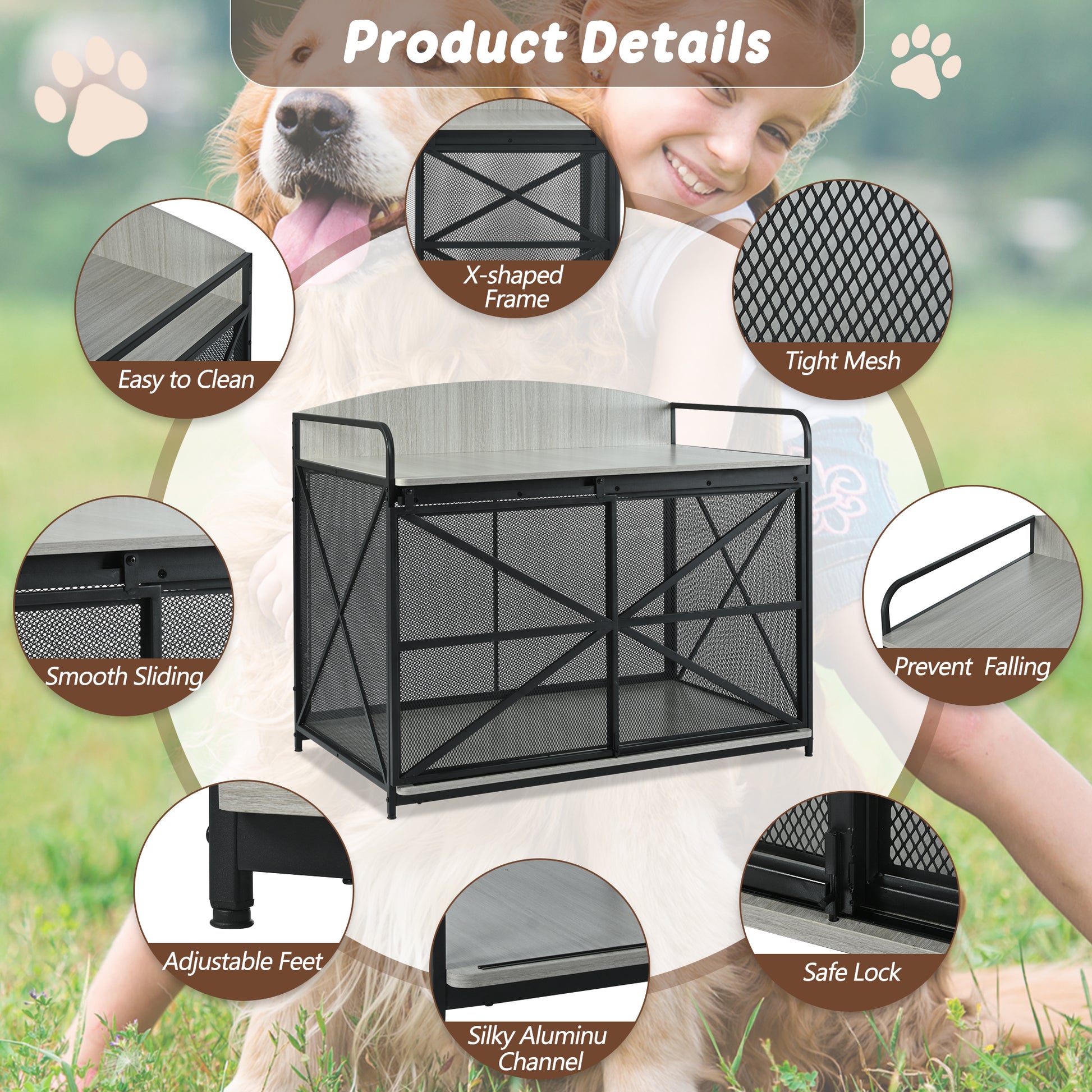 42.8" Heavy Duty Large Dog Crate Furniture For Large Medium Dog, Farmhouse Wooden Dog Kennel Indoor End Table, Decorative Pet House For Large Dogs, Gray Gray Pet Barrier Large 41 70 Lbs Iron,Mdf