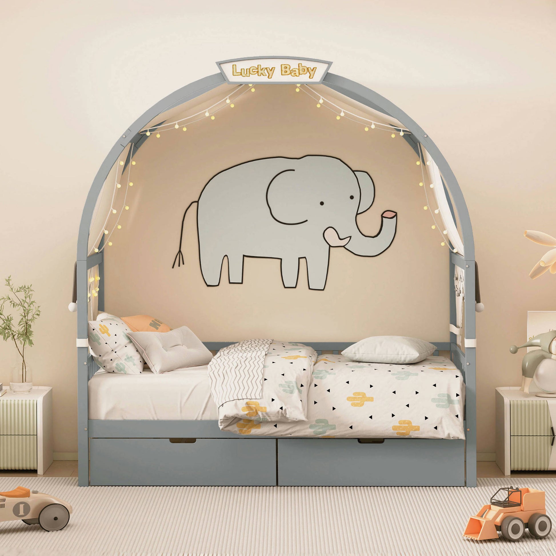 Twin Size Bed With Arched Roof And 2 Drawers, Gray Twin Gray Plywood