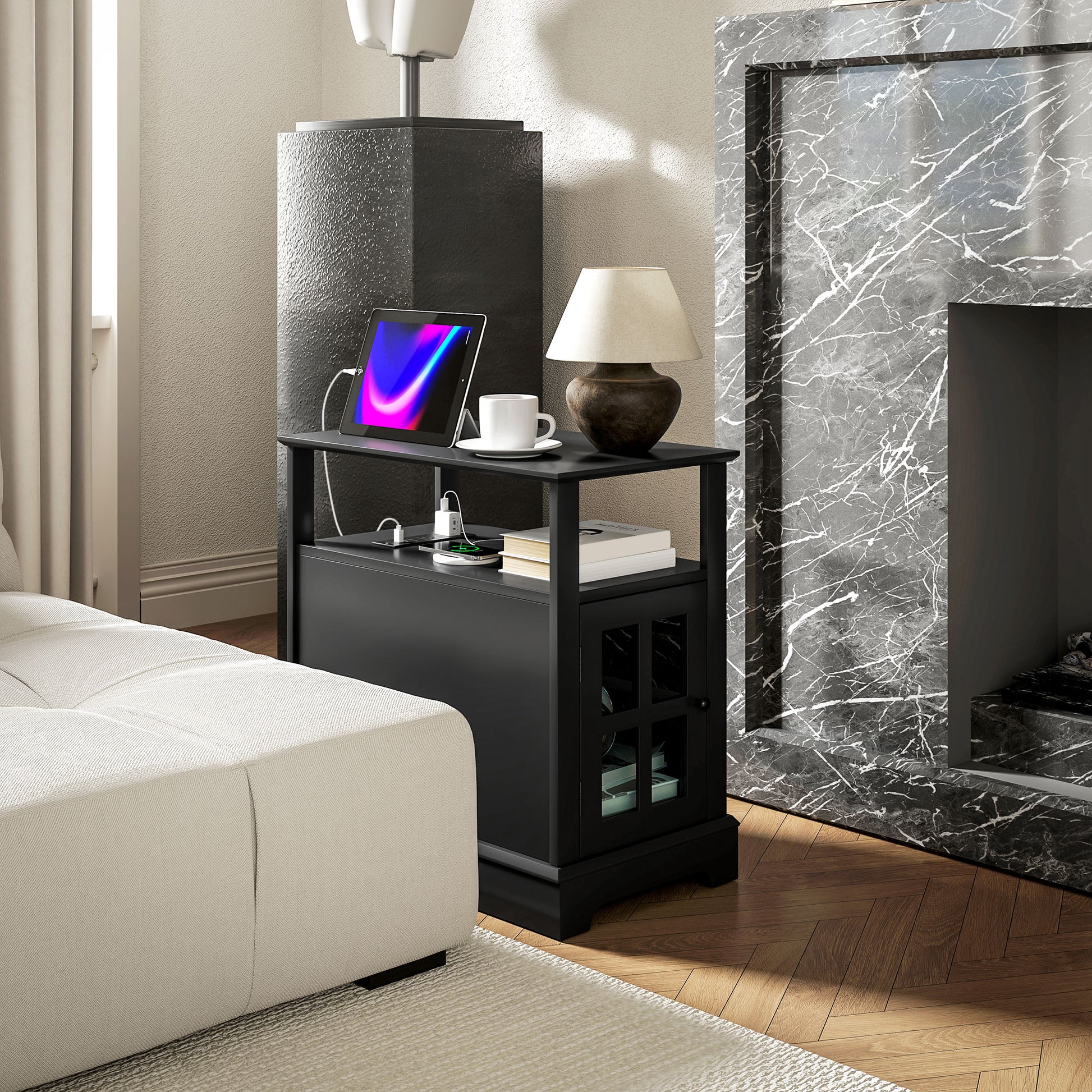 Homcom End Table With Charging Station, Narrow Side Table With Usb Ports And Outlets, Small Table With Hidden Storage And Open Shelf For Living Room, Black Black Mdf