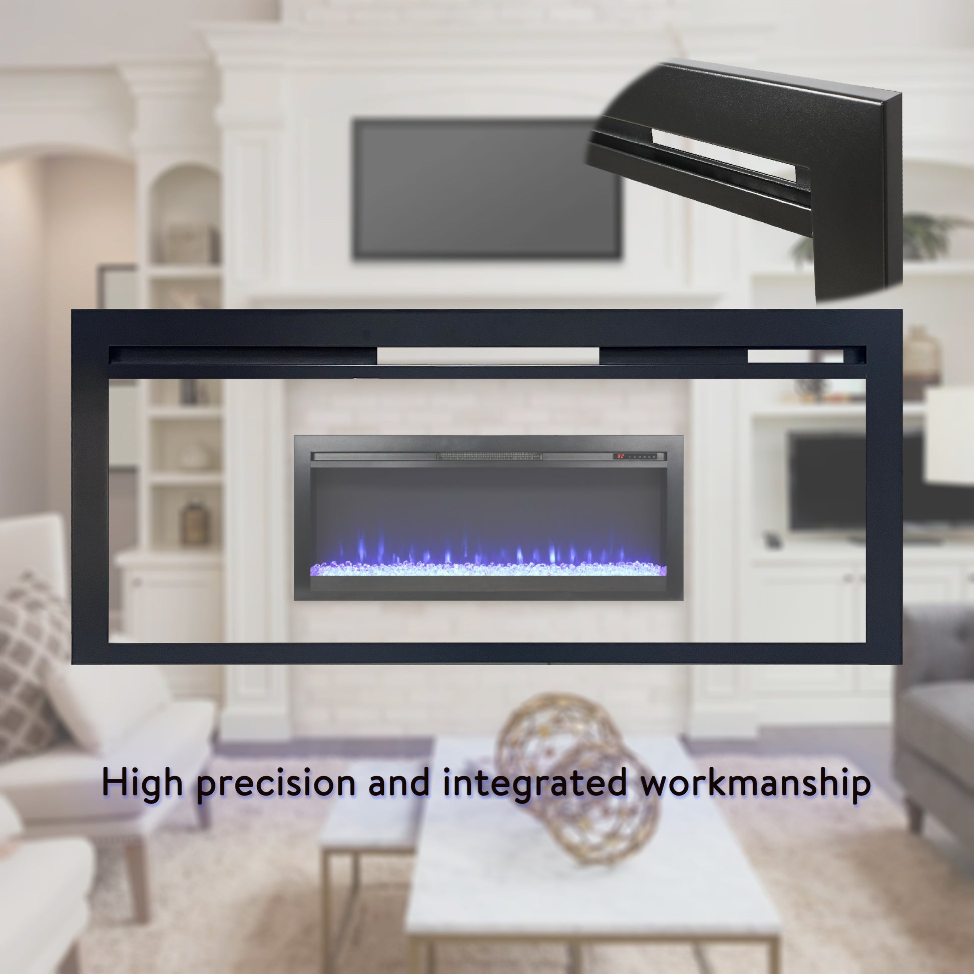 44 Inch In Wall Recessed Electric Fireplace With Remote And Multi Color Flame & Emberbed, Led Light Heater Powder Coated Electric Antique Black Vent Free Yes Insert Tempered Glass Sheet Metal