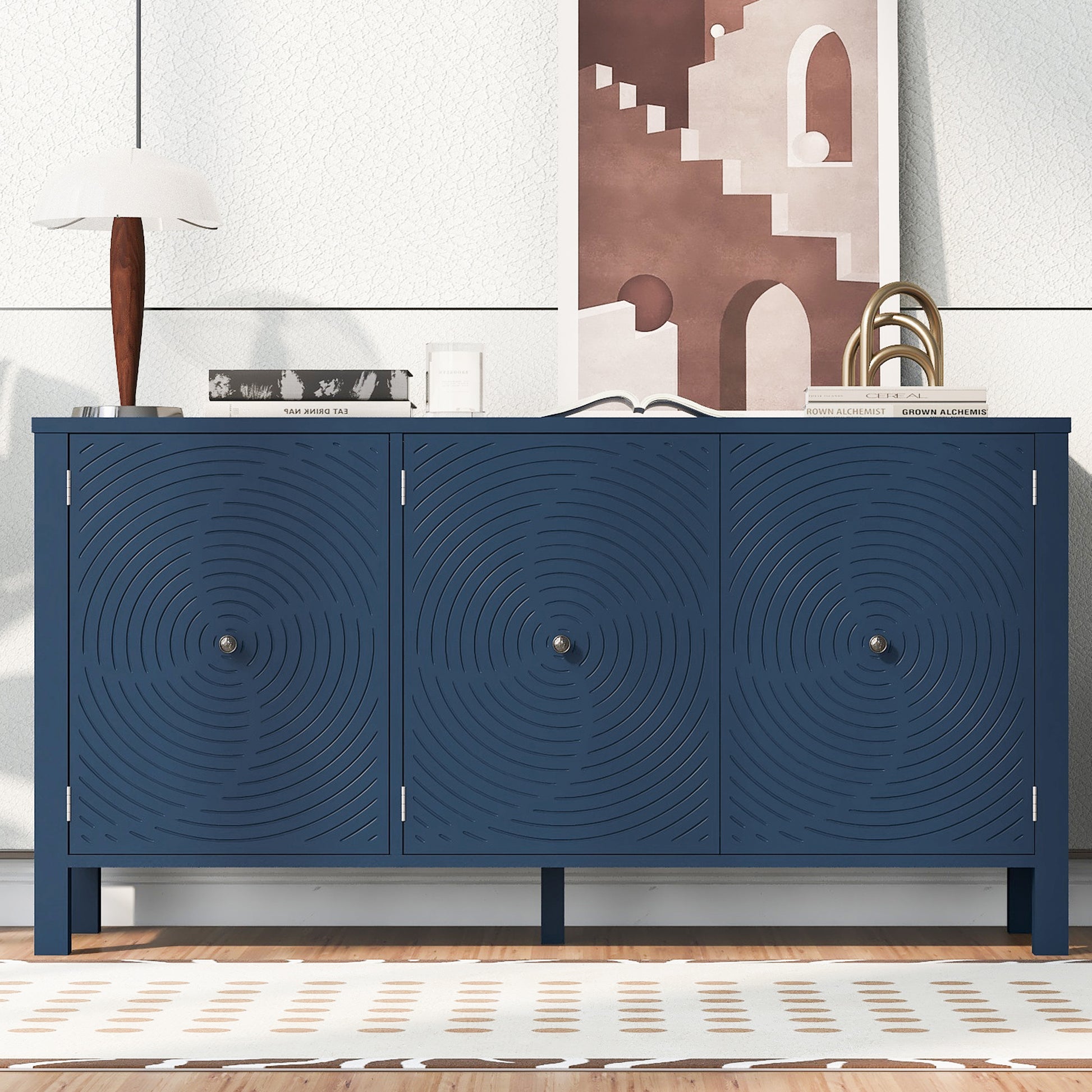 Sideboard With Curved Swirl Patterned Doors And Artistic Three Door Design,Suitable For Living Rooms,Entrance And Study Navy Blue Primary Living Space American Design Mdf