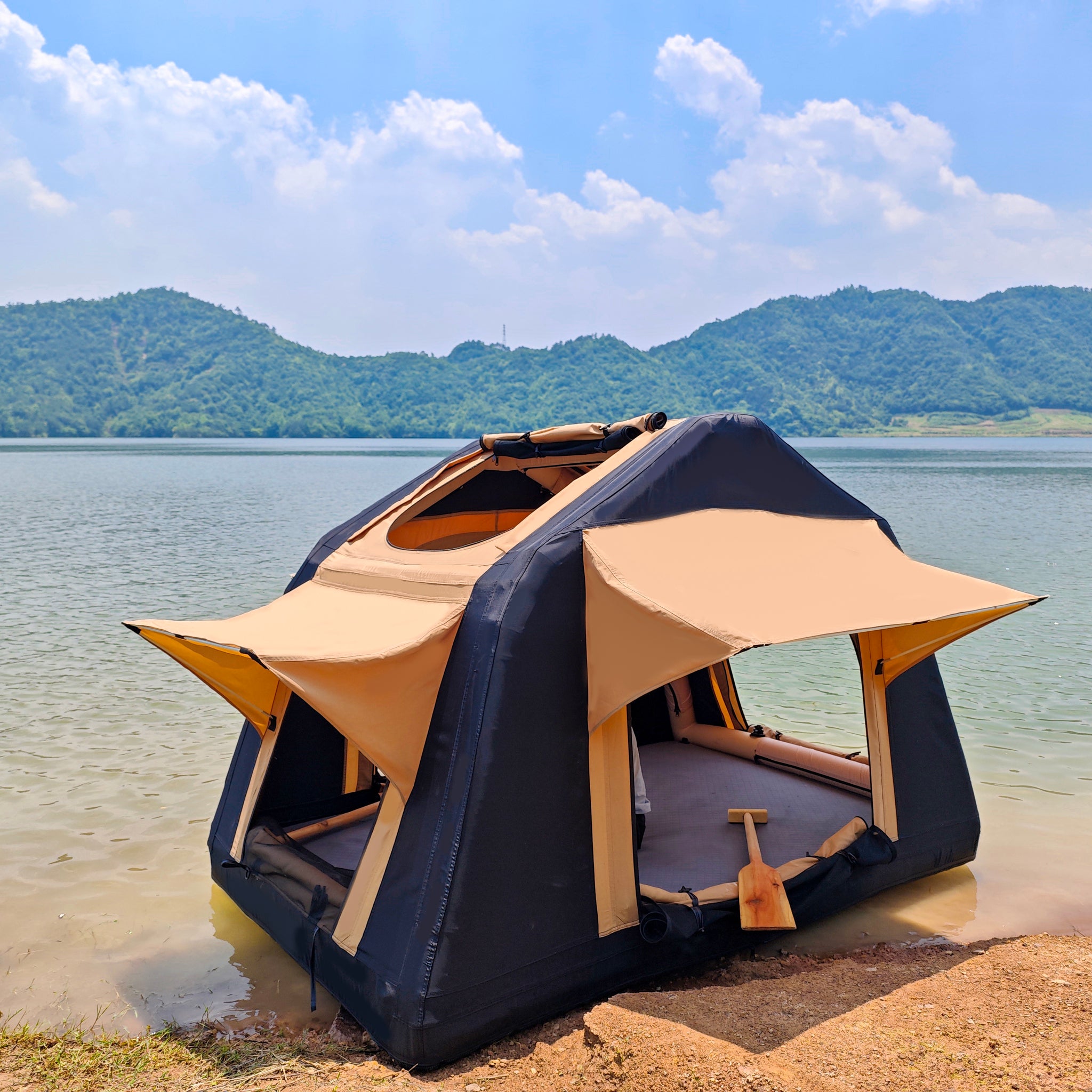 Foldable 2 3 People Amphibious Inflatable Car Roof Top Tent For Camping Outdoor Glamping Camping Tent For Suv,Truck And Universal Auto Self Driving Touring Without Ladder Black Oxford Fabric Oxford