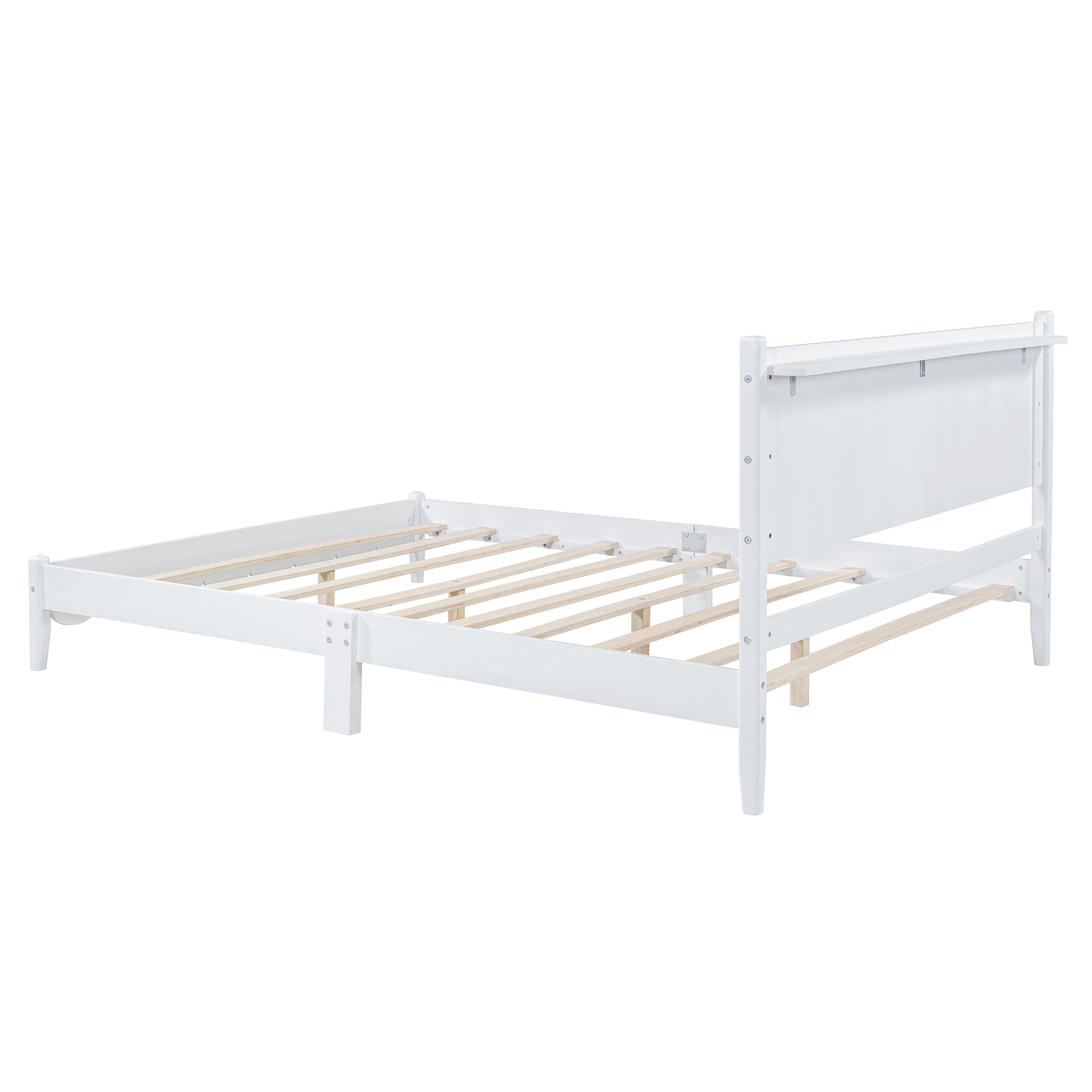 Queen Size Wood Platform Bed Frame, Retro Style Bed With Rectangular Headboard,No Need Box Spring,White Queen White Wood