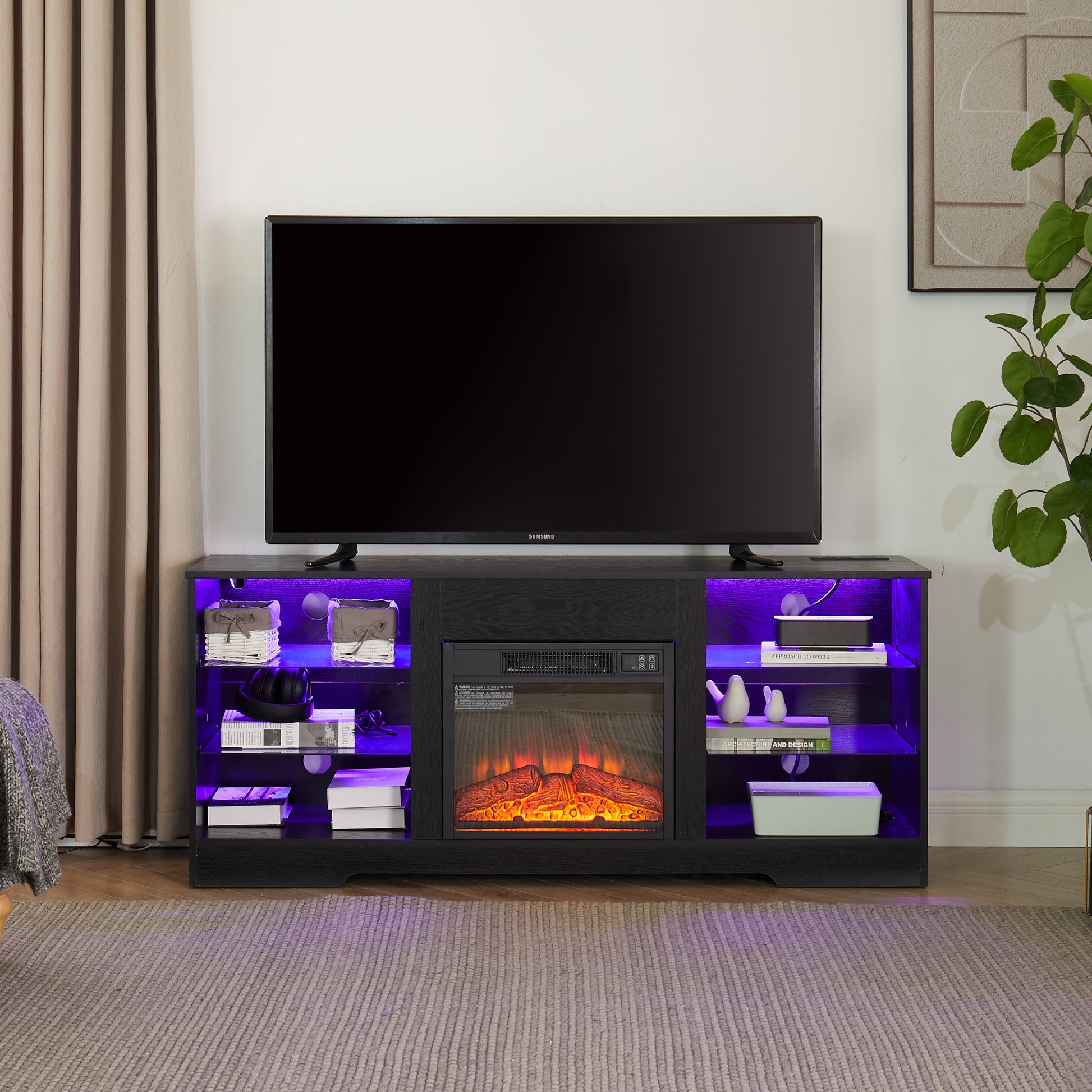 Tv Stand Electric Fireplace Glass Shelves, 3D Fireplace Tv Stand With Led Lights Wood With Usb Charging Outlet Modern Television Table Center For Tv Up To 62" Black 58''W*15.5''D*24.4 Black 50 59