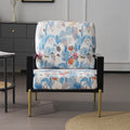 Retro Low Back Floral Print Velvet Accent Armchair With Gold Metal Legs & Rubberwood Frame, Wide Armrest Mid Century Lounge Chair With Pillow Back, Sofa Chair For Living Room & Balcony, Blue Floral