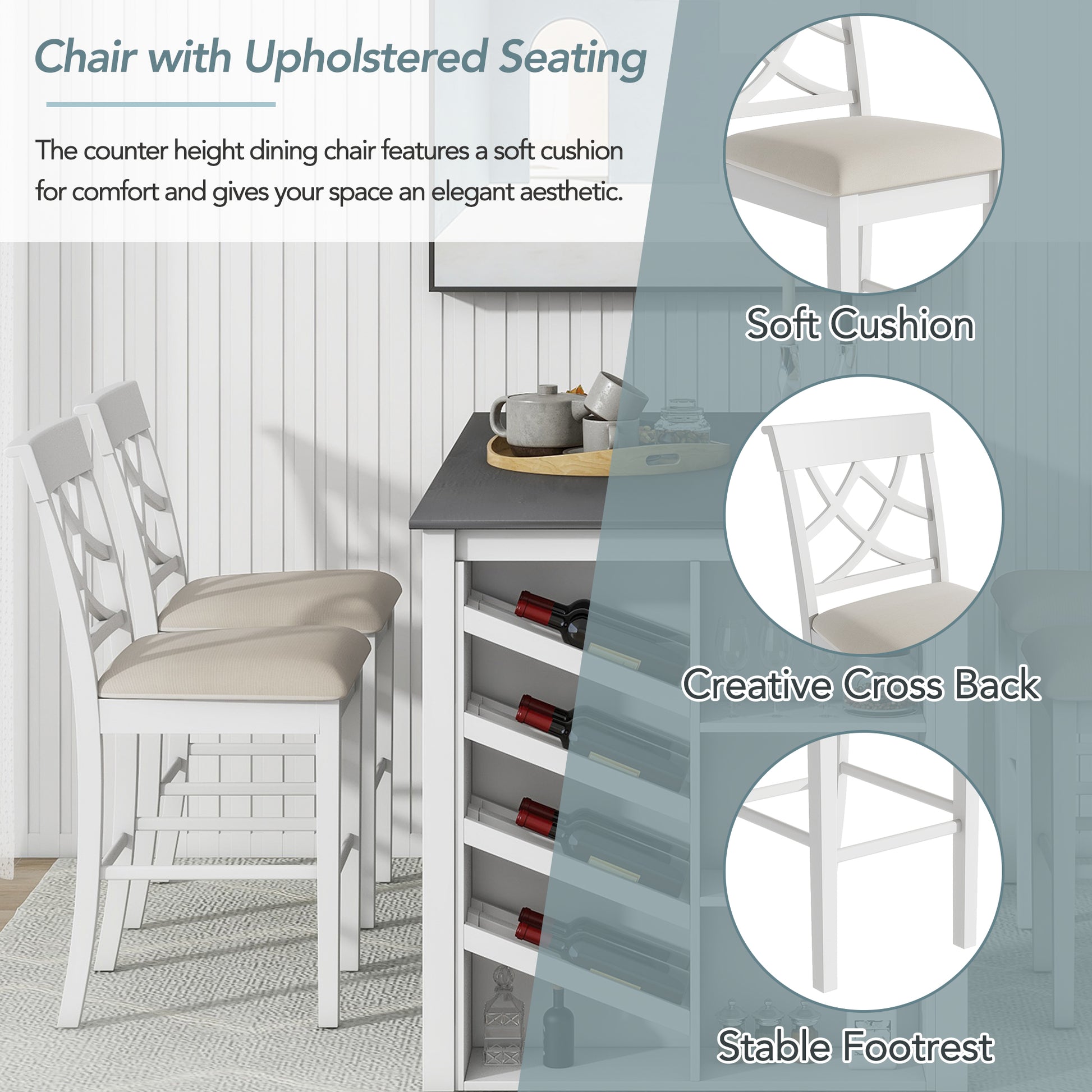 Updated Counter Height 5 Piece Solid Wood Dining Table Set, 59*35.4Inch Table With Curved Wine Rack And 4 Upholstered Chairs, White Wood Dining Room Solid Wood Rubberwood Rectangular Dining Table With Chair Wood Wood White Solid Back Seats 4 Farmhouse 4