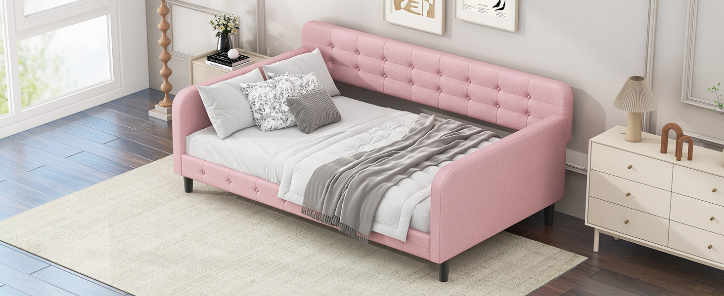 Twin Size Upholstered Tufted Daybed With 4 Support Legs, Pink Box Spring Not Required Twin Pink Wood Bedroom Daybeds Linen Upholstered