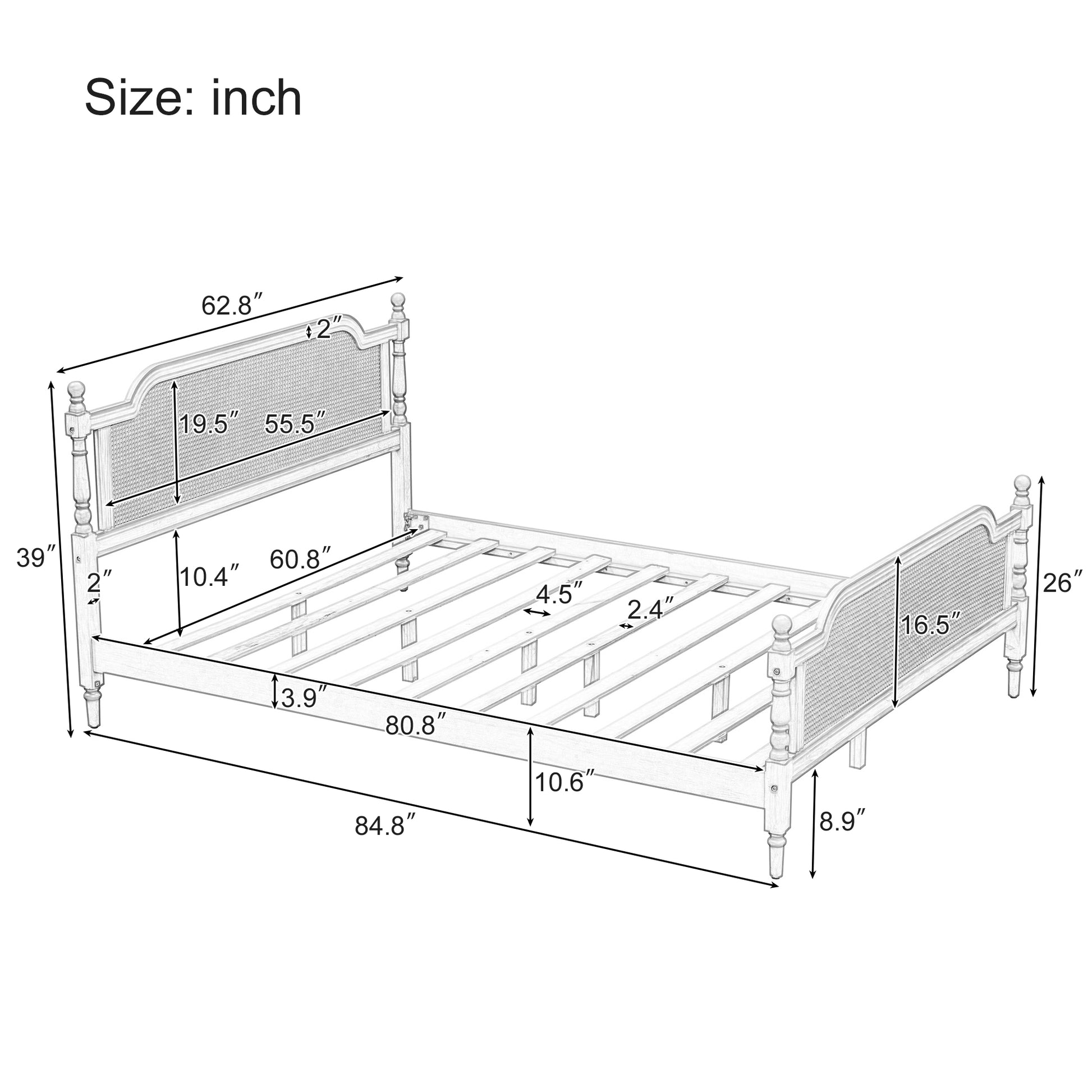 Traditional Style Rattan Queen Size Bed Frame,No Box Spring Needed,Antique White Box Spring Not Required Queen Antique White Wood Bedroom Traditional,Vintage Bed Frame Wood