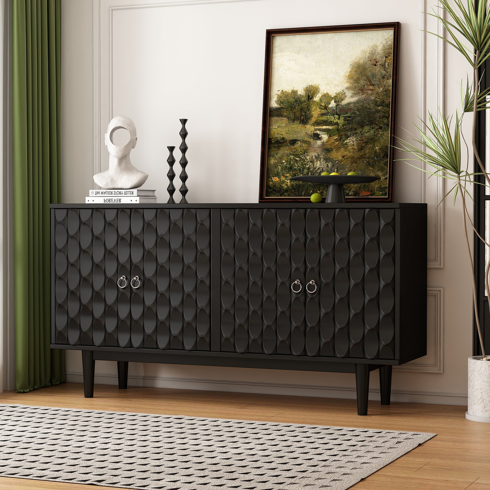 Modern 4 Door Sideboard With Convex Pattern Doors And 2 Silver Handle For Living Room, Dining Room, Kitchen Black Black Mdf