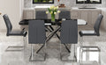 Table And Chair Set.Table And Chair Set.Modern Luxurious Black Marble Patterned Tempered Glass Dining Table With 6 Dark Gray Pu Chairs.Multiple High Quality Pu Dining Chairs With Silver Legs. Dark