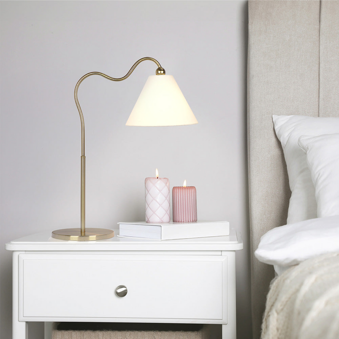 Ornate Brass Ring Base Curved Table Lamp With Triangle White Drum Shade Gold,White Table&Floor Lamps Brass,Metal