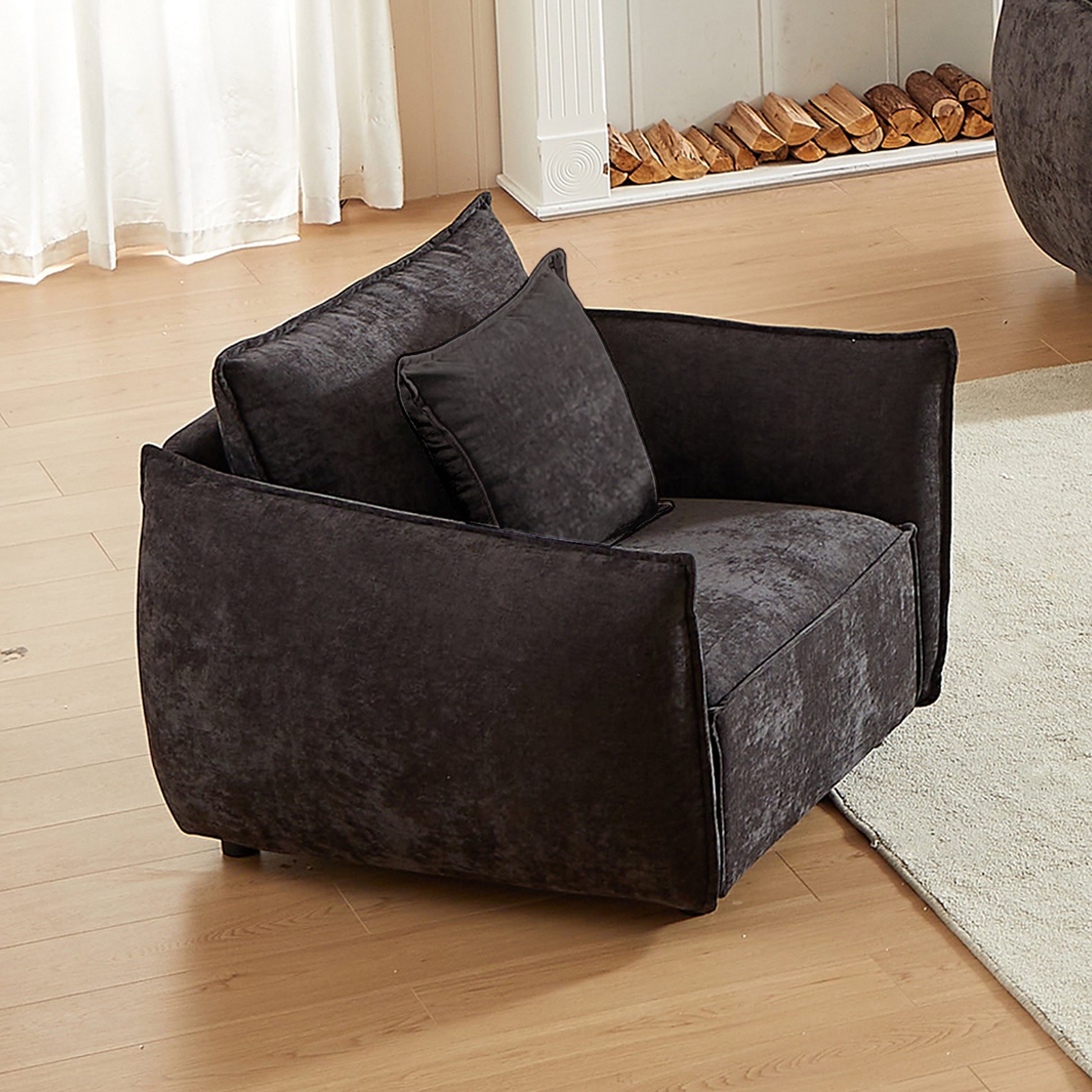 Mh 44" Minimalist Sofa, Living Room Upholstered Armchair Bedroom, Modern Living Room Sofa For Office Room, Living Room Black Chenille Wood Primary Living Space Pine Foam Fabric 1 Seat