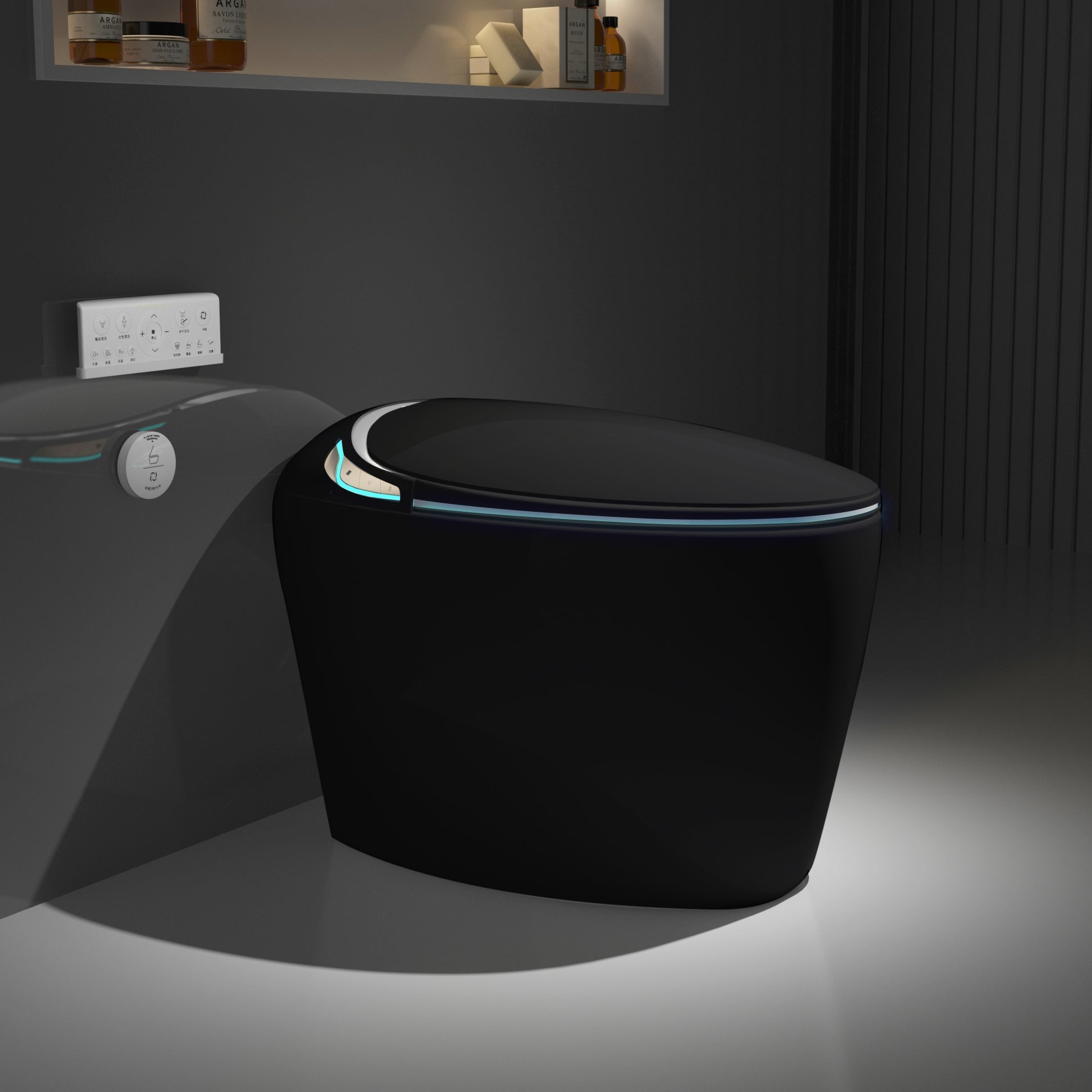 Unique Smart Toilet With Bidet Built In, Intelligent One Piece Toilet For Modern Bathroom, Auto Open Close Seat, Foot Sensor, Led Display,Night Light, Warm Water & Dryer, Black Black Bathroom