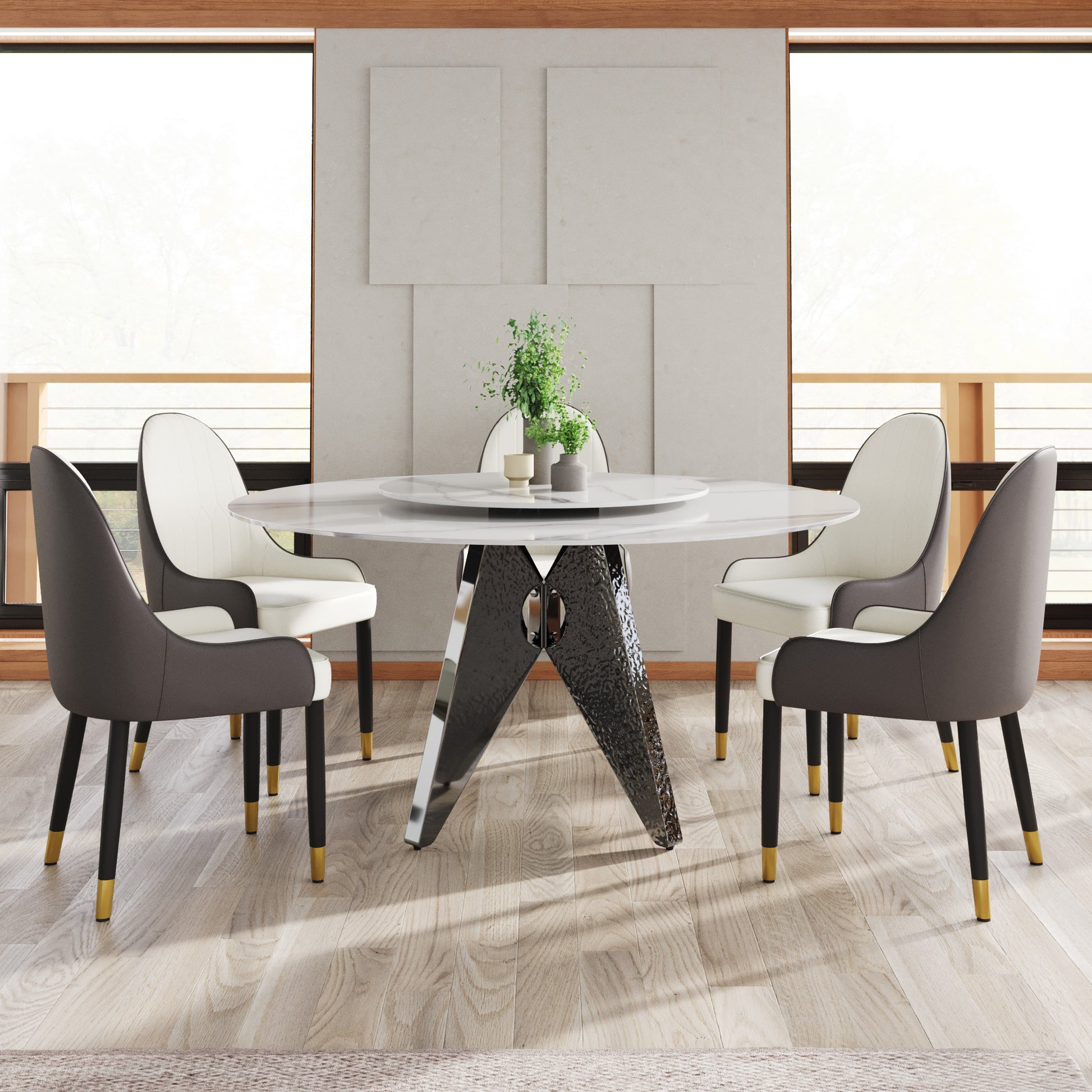 59.05" Round Marble Dining Table With Silver Stainless Steel Design Base, Artificial Marble For 6 8 People, 31.5"White Artificial Stone Turntable,White Dining Table Only Silver,White Dining Room