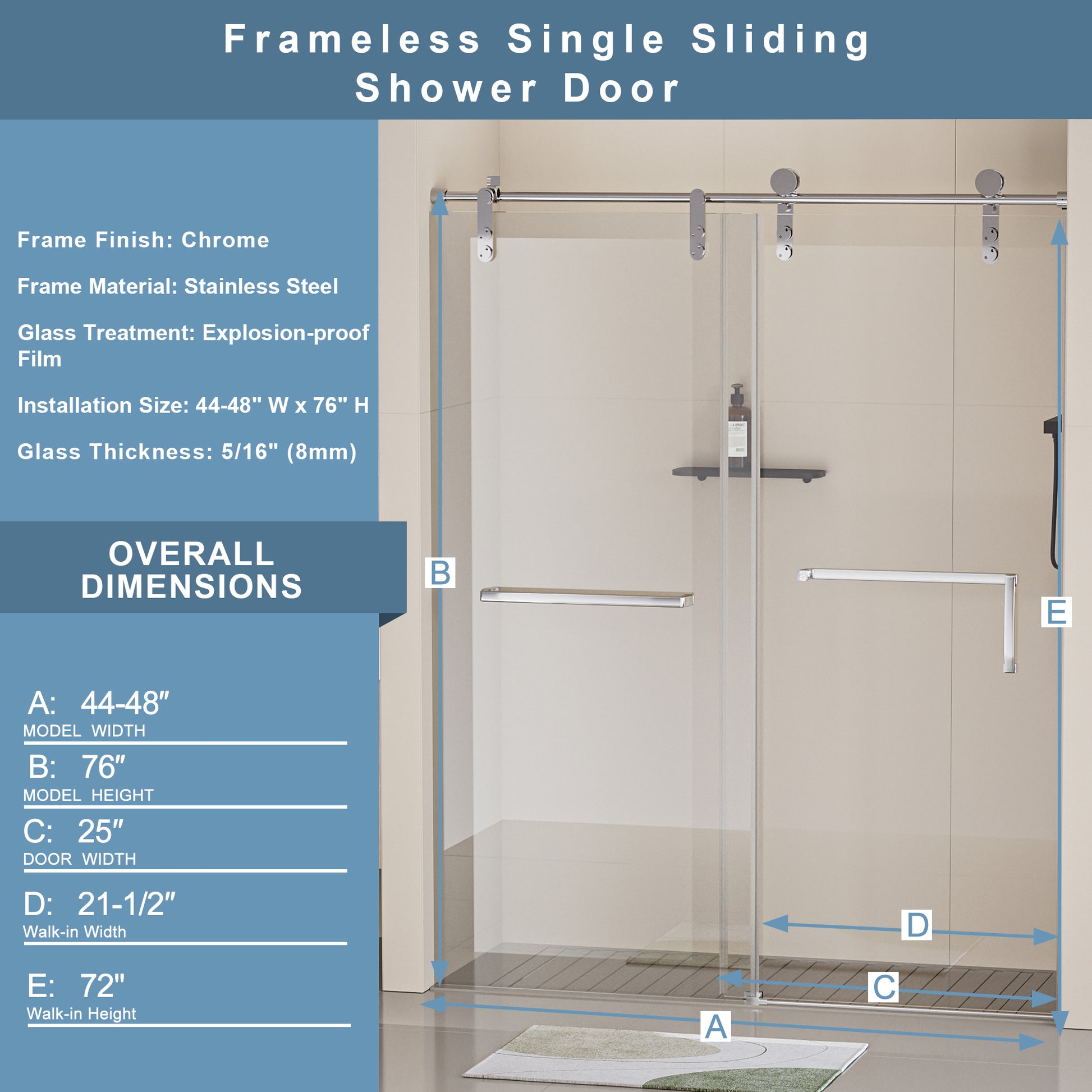 44 48 In. W X 76 In. H Frameless Shower Door, Single Sliding Shower Door, 5 16" 8Mm Clear Tempered Glass Shower Door With Explosion Proof Film, Stainless Steel Hardware, Chrome Finish, 24D210 48C Chrome Stainless Steel