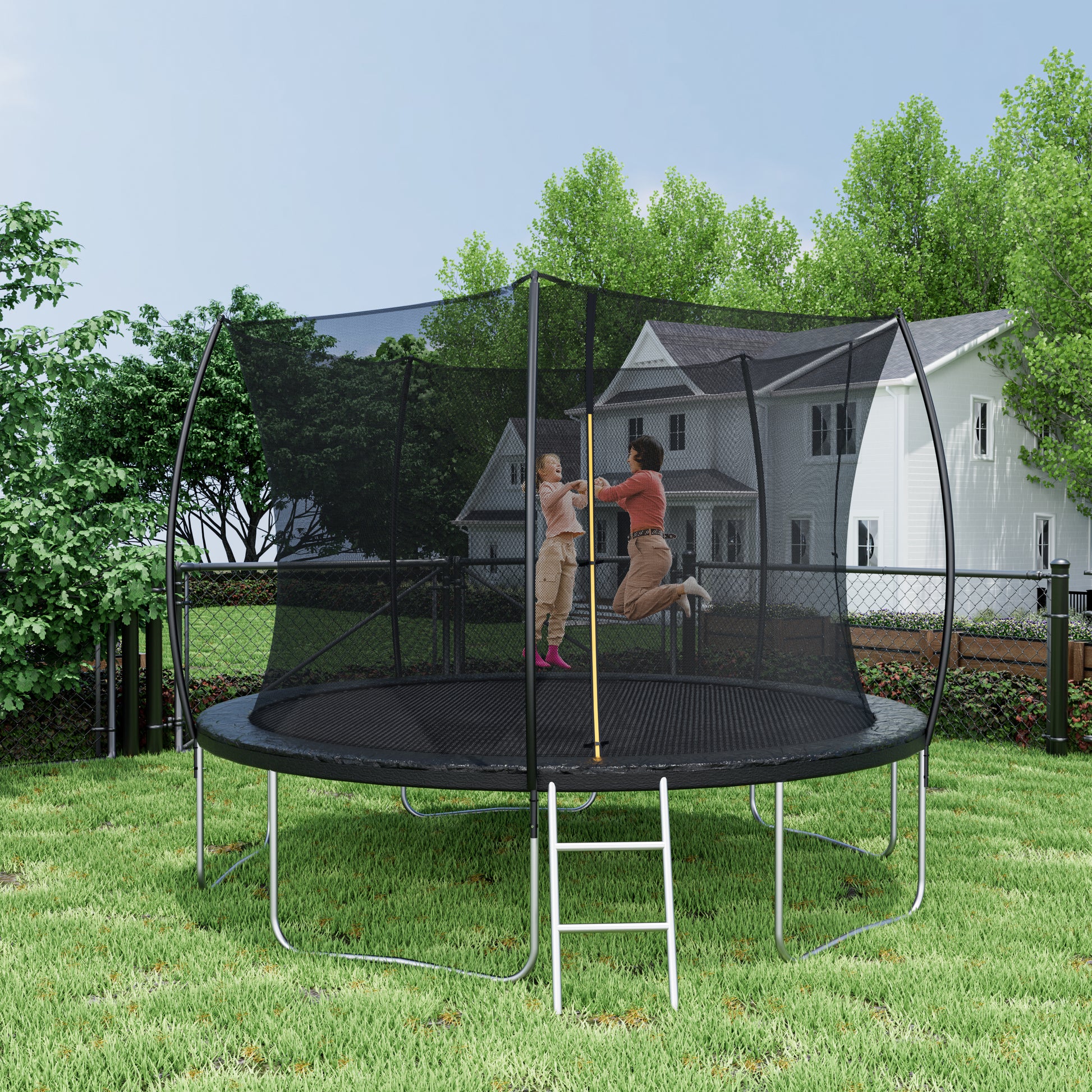 12Ft Trampoline Double Side Color Pad Trampoline For Kids And Adults With Enclosure Net And Ladder,Curved Fence Pole Black Steel Steel
