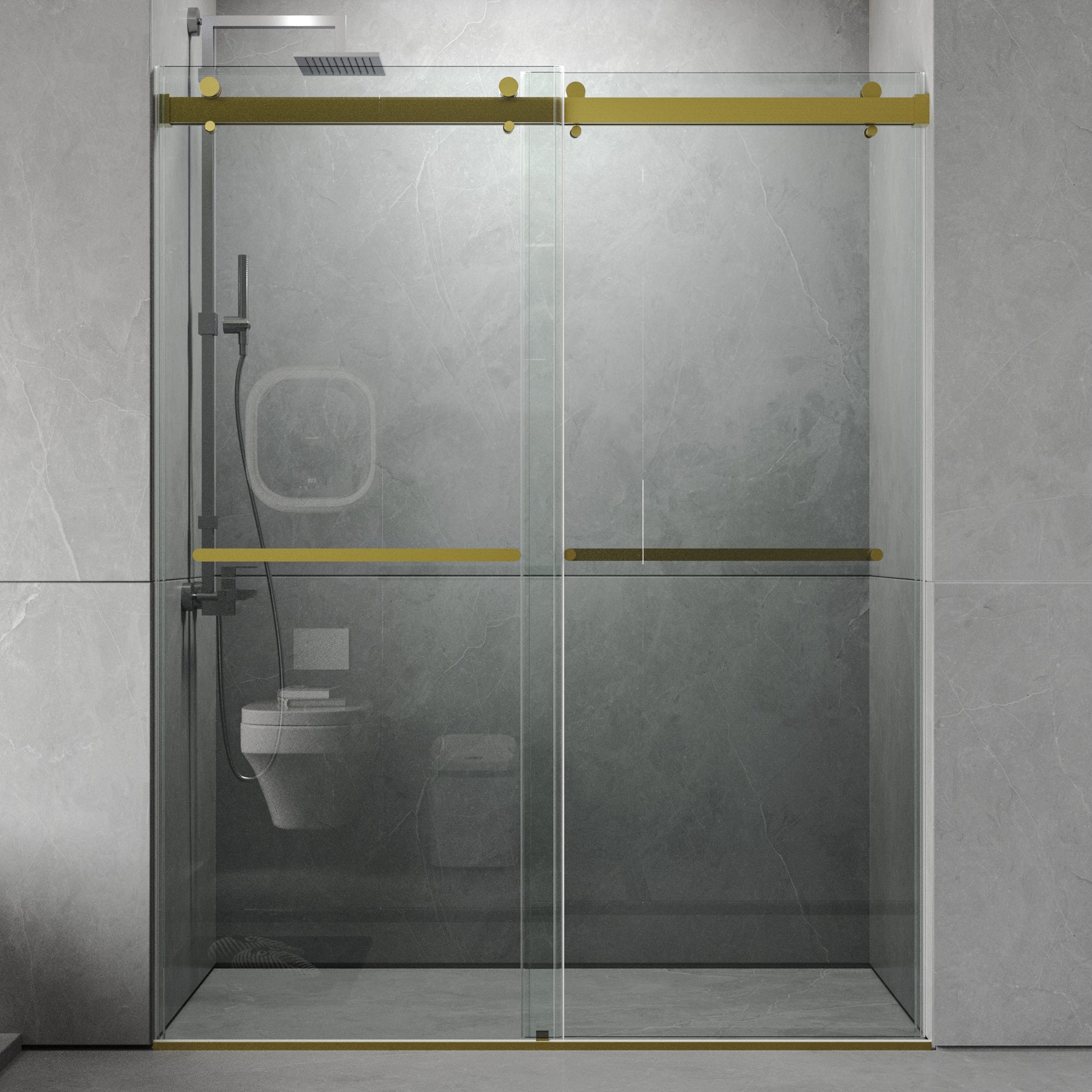 56 To 60'' W X 76'' H Frameless Shower Door, Double Sliding Shower Door With Premium 3 8'' 10Mm Thick Tempered Glass, Stainless Steel, Brushed Gold Brushed Gold Bathroom Modern Tempered Glass