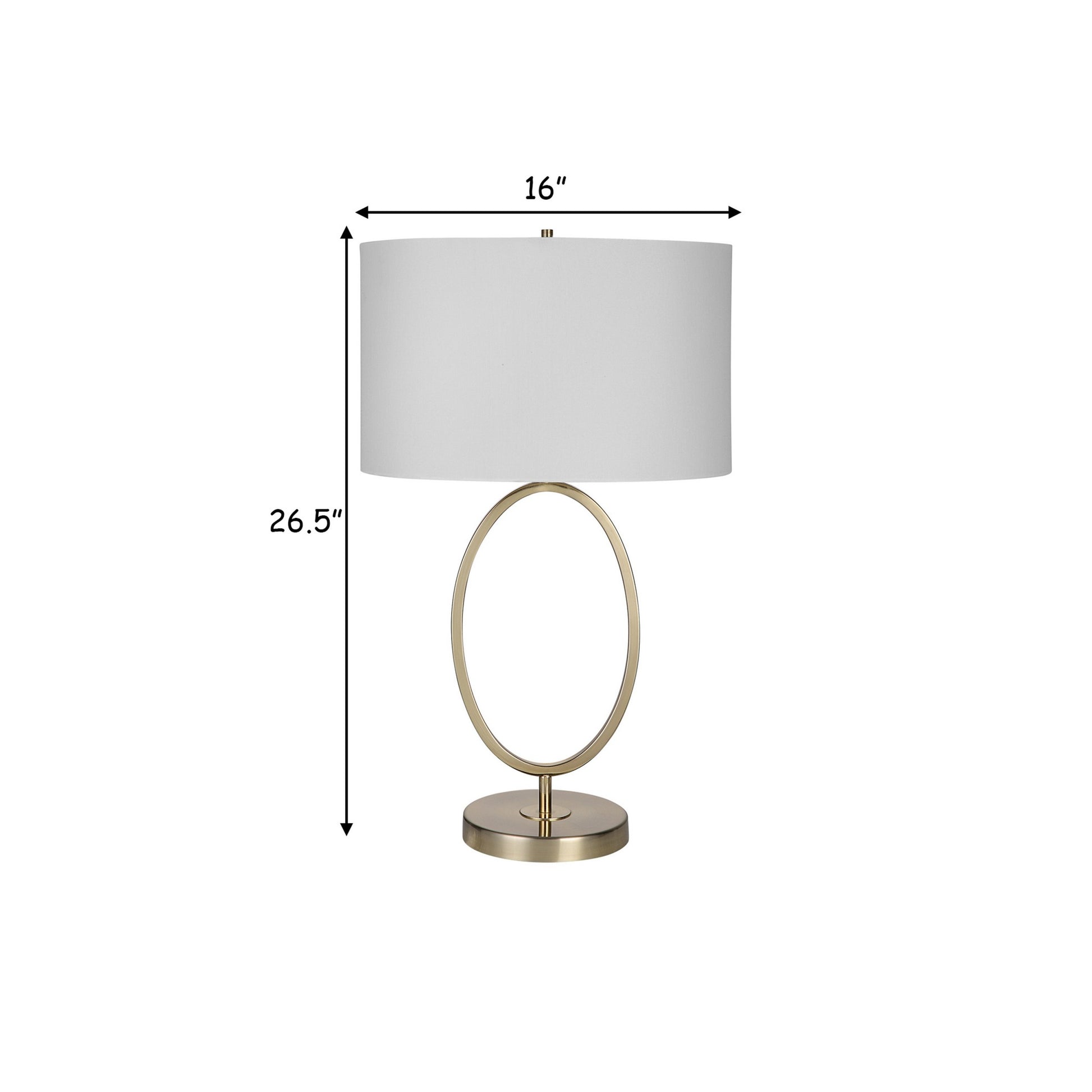 27 Inch Metal Table Lamp, Oval Center Ring, Gold, White Gold White Fabric Metal