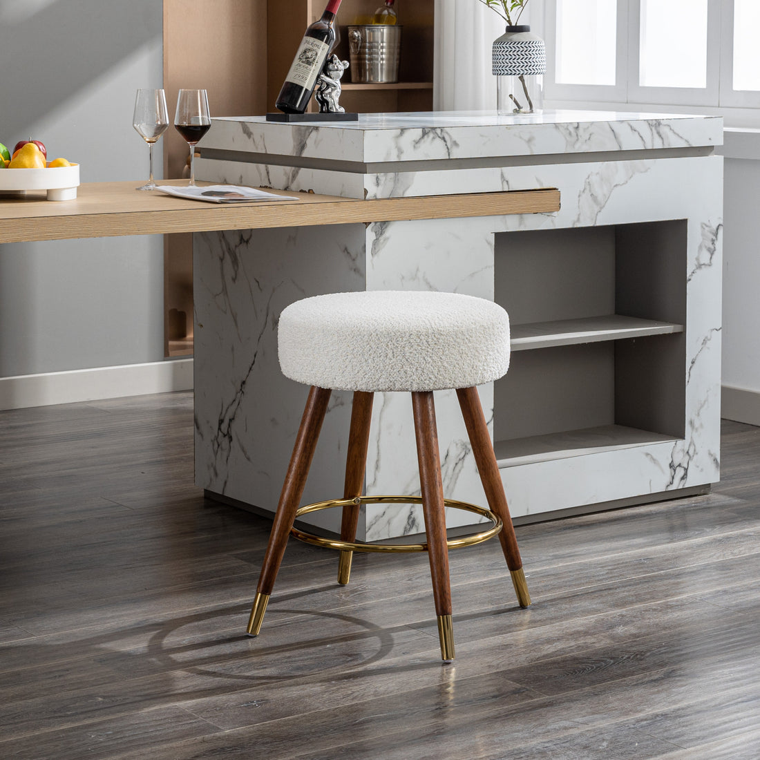Momo Boucle Upholstered Counter Height Stool, 360 Swivel White Brown Dining Room Mid Century Modern Rubberwood Fabric Metal & Wood