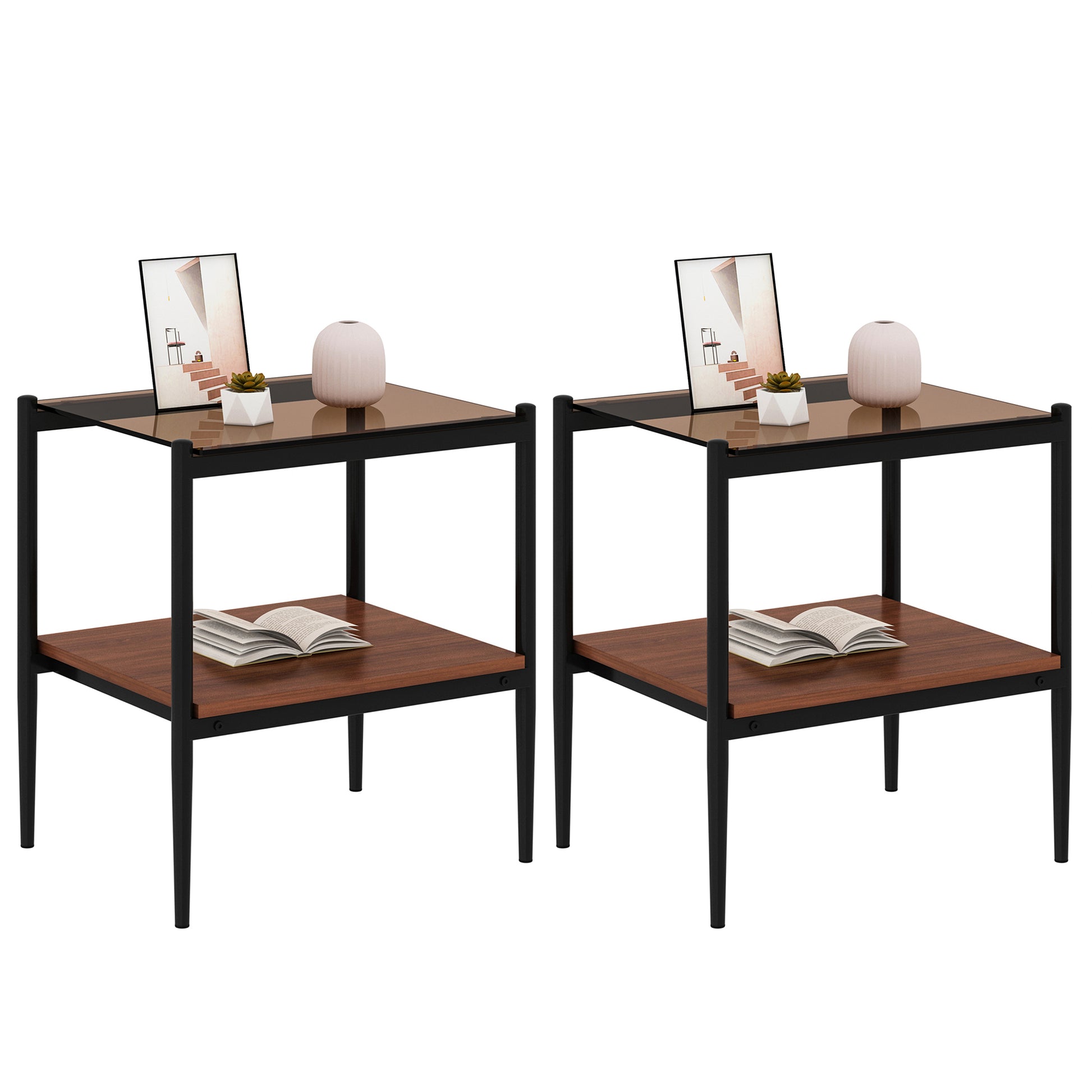 Set Of 2 Rectangle End Table, Tempered Glass Tabletop With Mdf Layer, Modern Table For Living Roombrown Glass Brown Tempered Glass