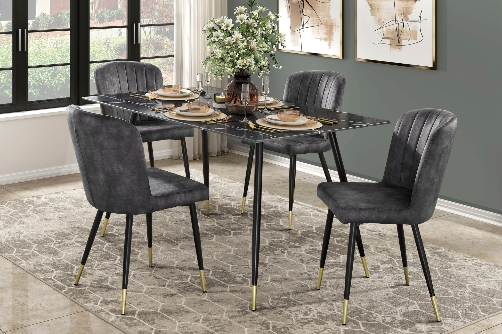 Modern Design Home Furniture Chairs Set Of 2, Charcoal Hued Velvet Upholstery Channel Tufting Black Metal Legs With Gold Finish Accent Charcoal Dining Room Modern,Ultra Modern Velvet