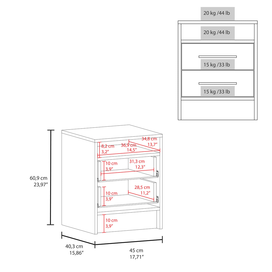 Greter 24" Two Drawer Night Stand With Open Shelf White 2 Drawers Bedroom Rectangle Modern Particle Board