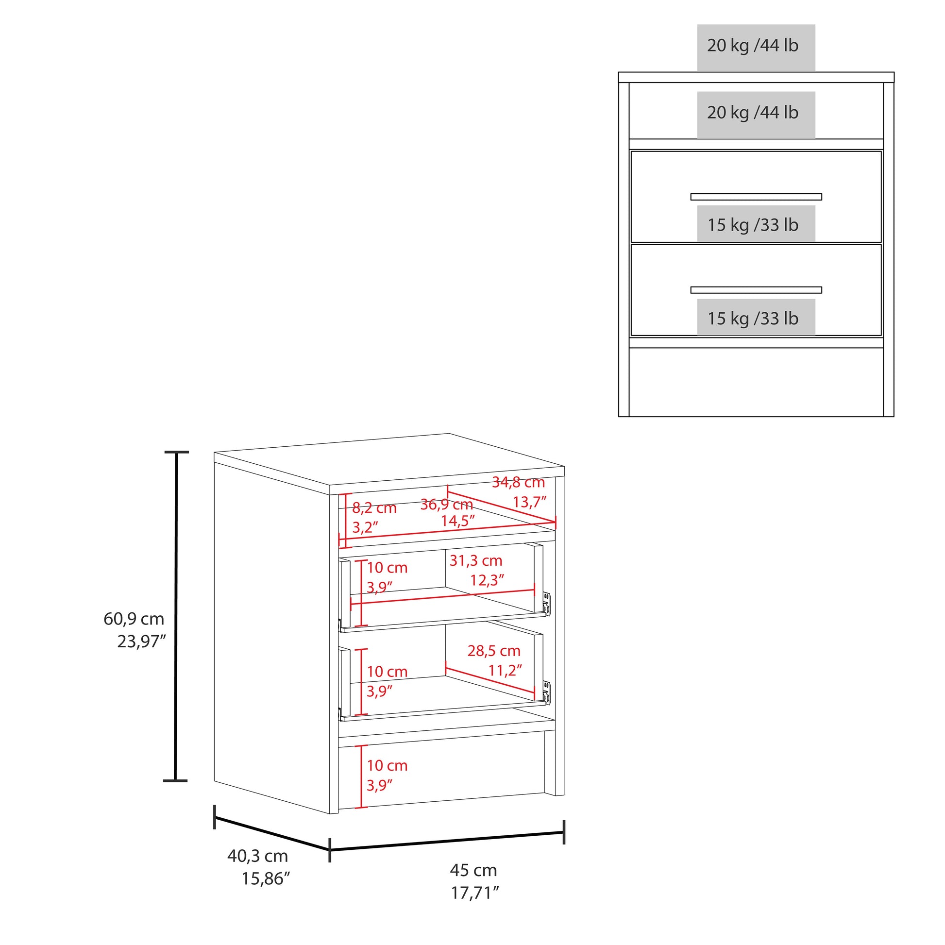 Greter 24" Two Drawer Night Stand With Open Shelf White 2 Drawers Bedroom Rectangle Modern Particle Board