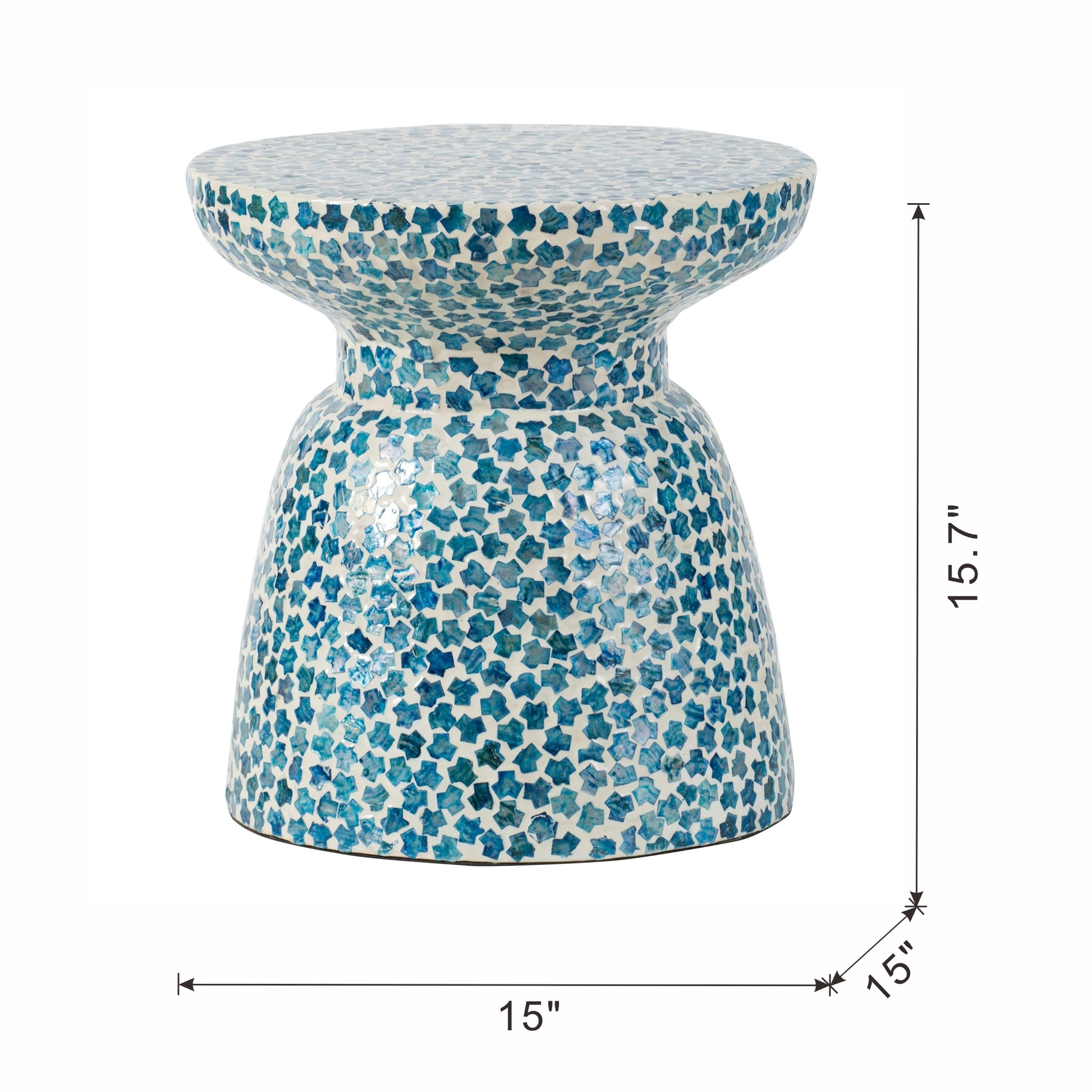 D15X16" Capiz Garden Stool Small Side Tabel, Blue Accent Round End Table Blue Primary Living Space Bamboo