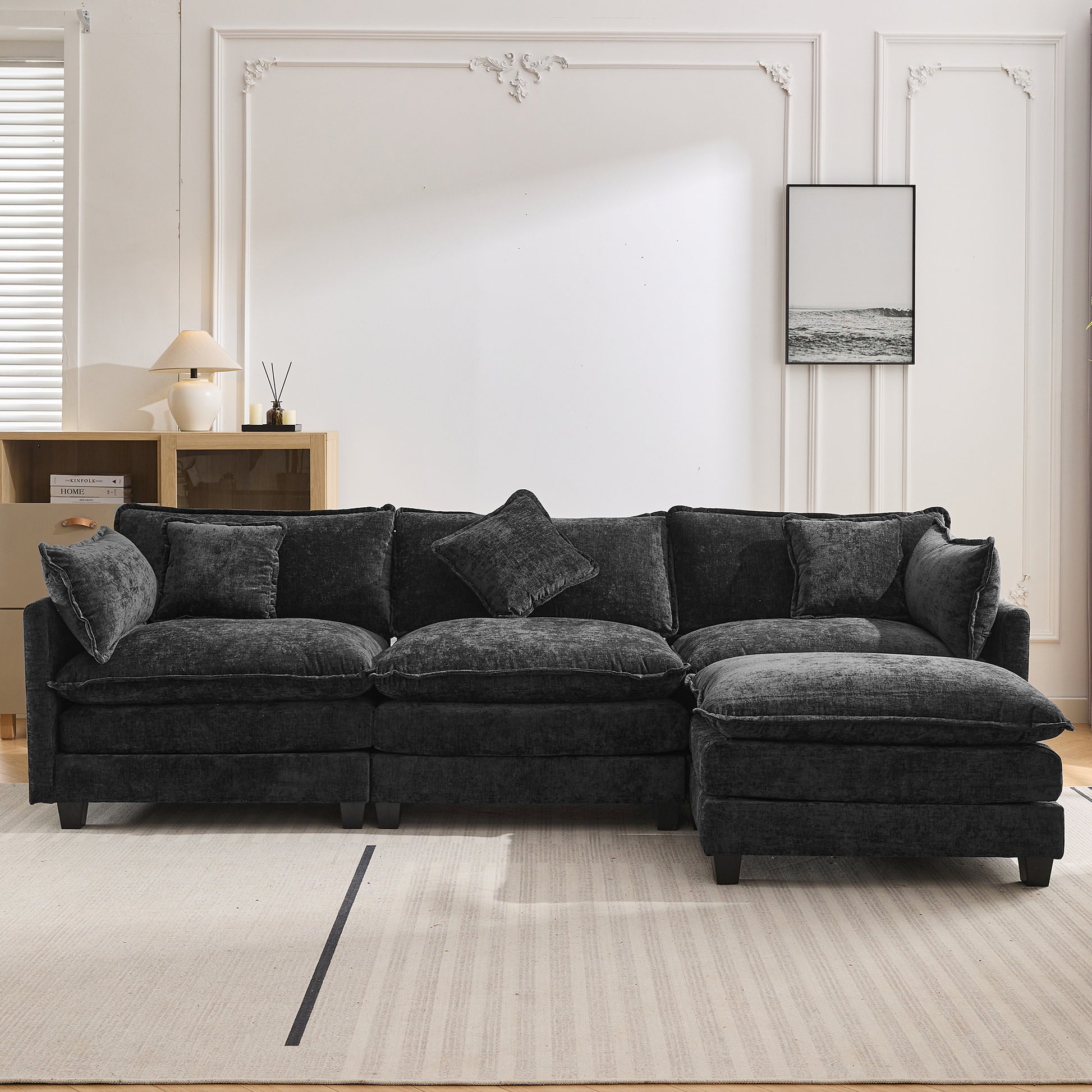 112.2" L Shape Chenille Upholstered Sofa For Living Room Modern Luxury Sofa Couch With Ottoman And 5 Pillows For Living Room Sg001160Aa , Black Black Foam 4 Seat