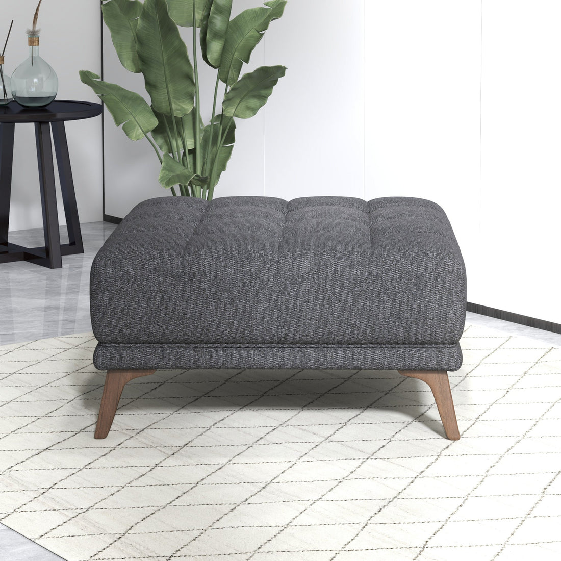 Addison Square Upholstered Ottoman Dark Gray Linen Wood Backless Solid Grey Mid Century Modern Square Armless Tufted Linen,Solid Wood