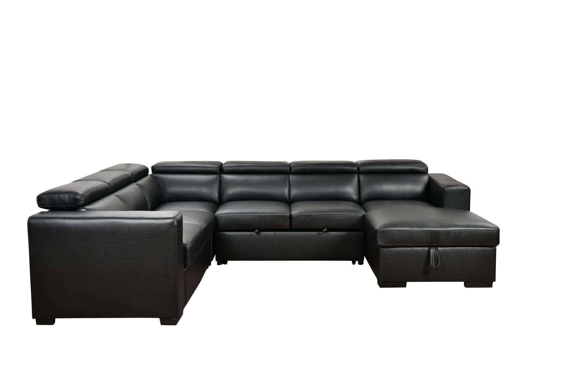 123" Modern U Shaped 7 Seat Sectional Sofa Couch With Adjustable Headrest, Sofa Bed With Storage Chaise Pull Out Couch Bed For Living Room ,Black Light Brown Wood Primary Living Space Heavy Duty Eucalyptus 7 Seat Black Faux Leather Soft Cushion Back