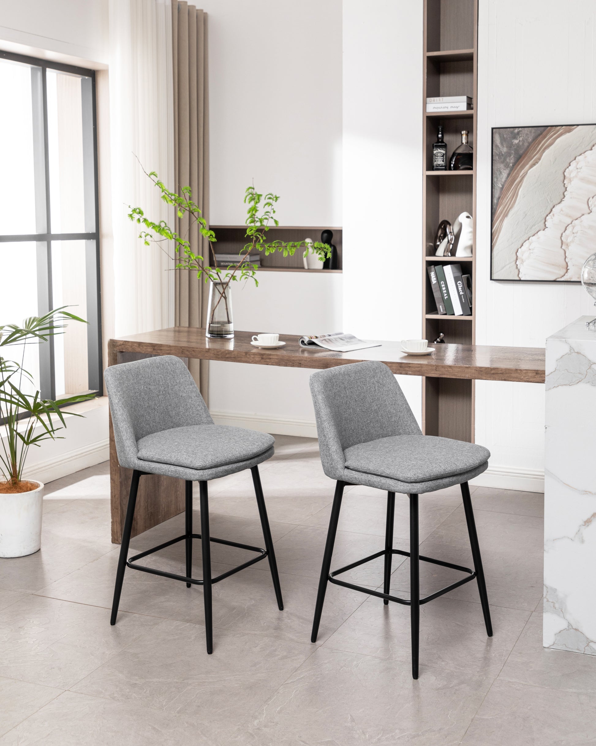 Counter Height Swivel Bar Stools Set Of 2, 360 Swivel Upholstered Barstools With Back And Metal Legs, 25.6" Seat Height,Counter Stools For Kitchen Island And Pub,Linen Cloth,Grey Light Grey Set Of 2 Linen