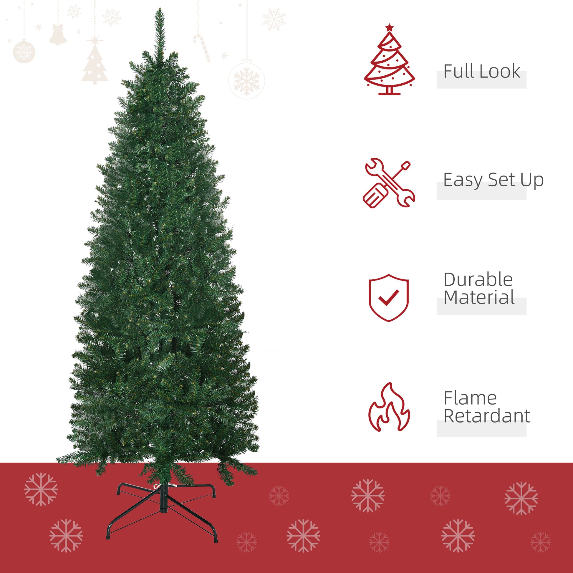 Homcom 6' Tall Unlit Slim Fir Artificial Christmas Tree With Realistic Branches, And 583 Tips, Green Green Plastic
