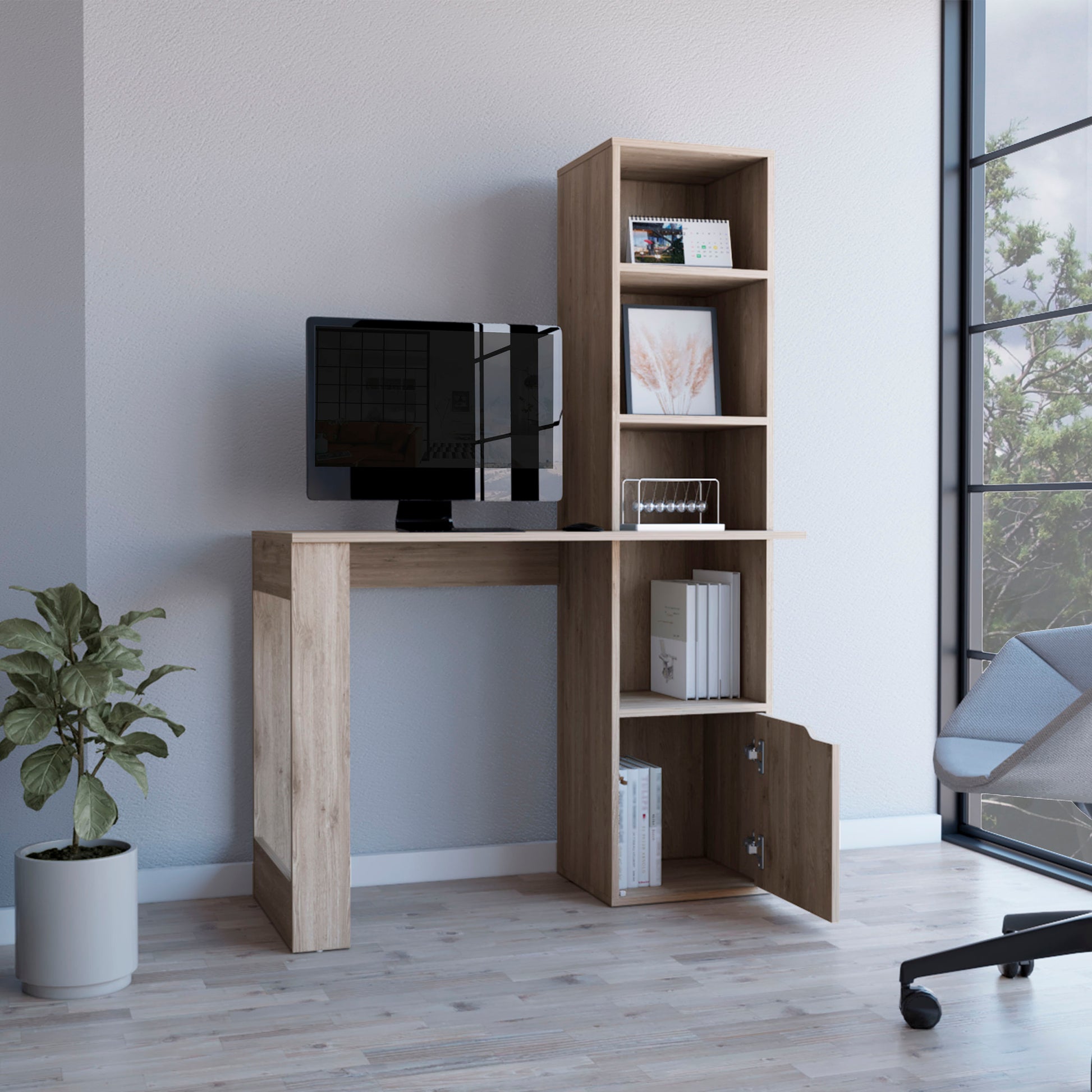 Oiwa Computer Desk With Bookcase And Cabinet Grey Particle Board Engineered Wood