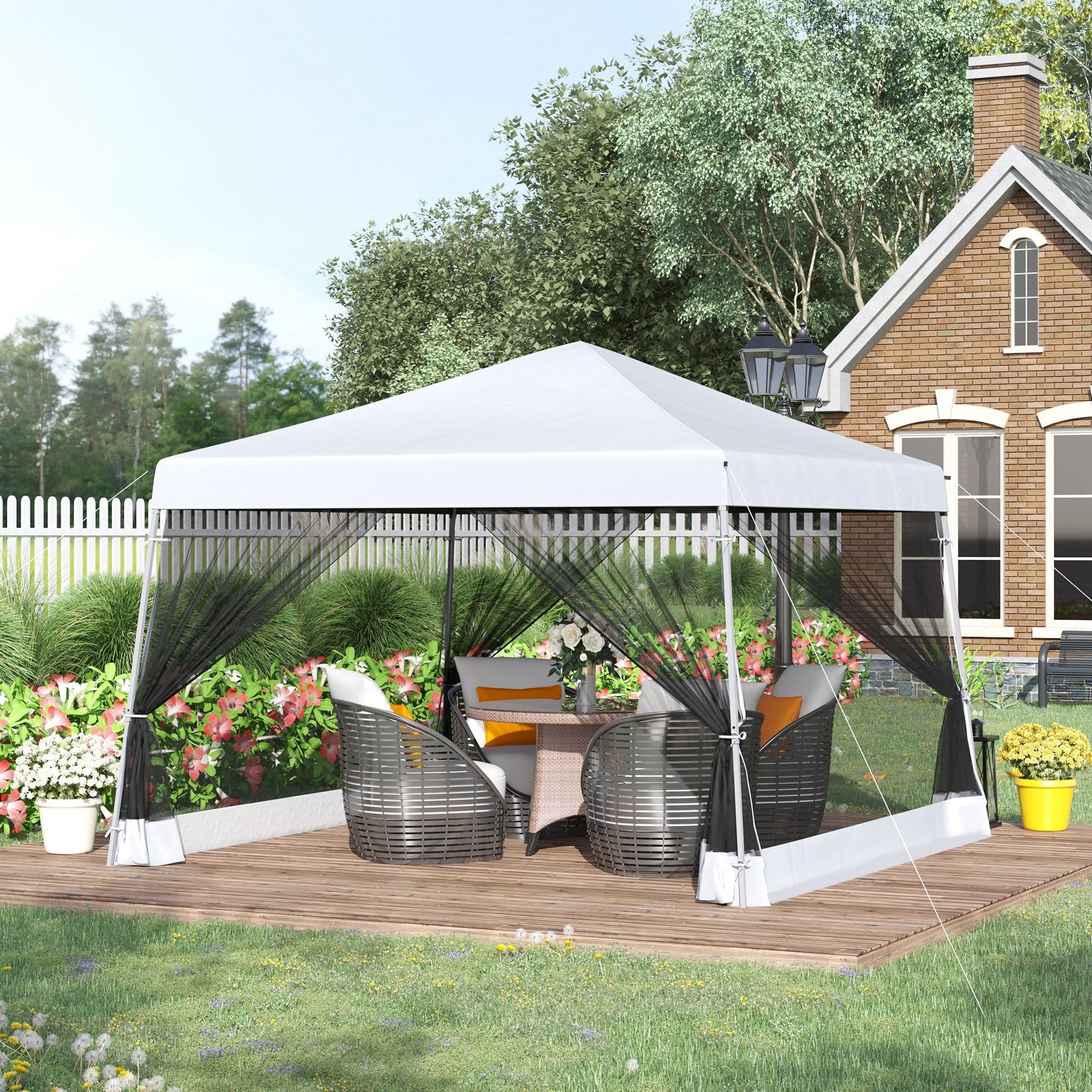 Outsunny Slant Leg Pop Up Canopy Tent With Netting And Carry Bag, Instant Sun Shelter, Tents For Parties, Height Adjustable, For Outdoor, Garden, Patio, 11.5'X11.5' Base 10'X10' Top , White White Steel