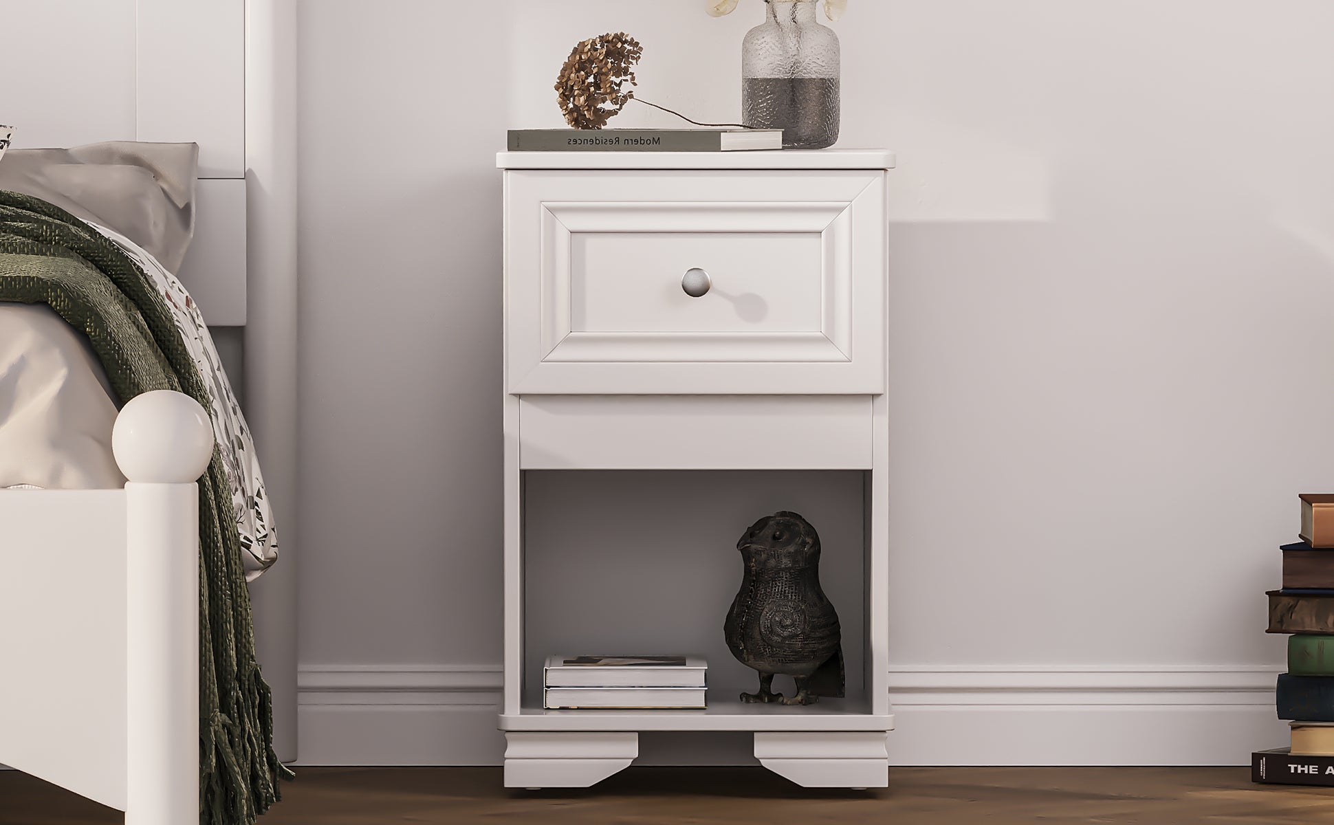 Elegant Design Nightstand With Drawer And Open Shelf For Bedroom, Retro Style Bedside Table With Classic Design And Metal Handle,White White Wood