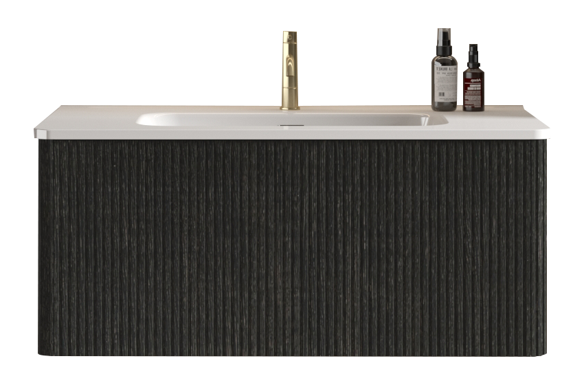 U058 Etna36W 308 Etna 36" Striped Brushed Black Oak Floating Bathroom Vanity With White Ceramic Sink, Bathroom Vanity For Modern Bathroom, Pre Assembled Black Melamine