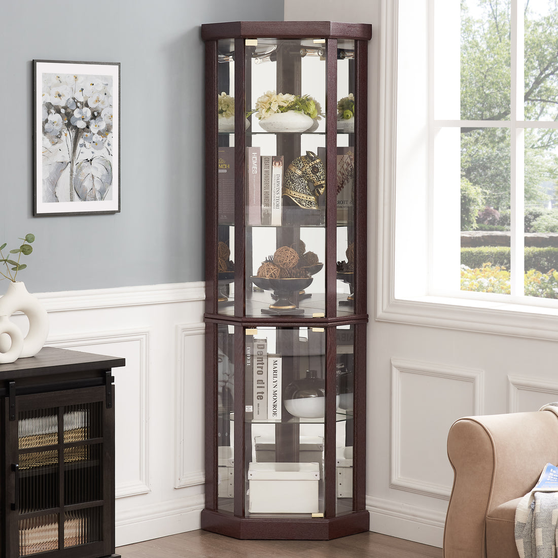 Corner Lighted Curio Cabinet Corner Glass Cabinet Lighted Curio Cabinet Corner Display Case For Living Room, Curio Cabinet, Antique Collection, Wine,Bar Glass Storage Light Included,Dark Cherry Cherry Mdf Glass