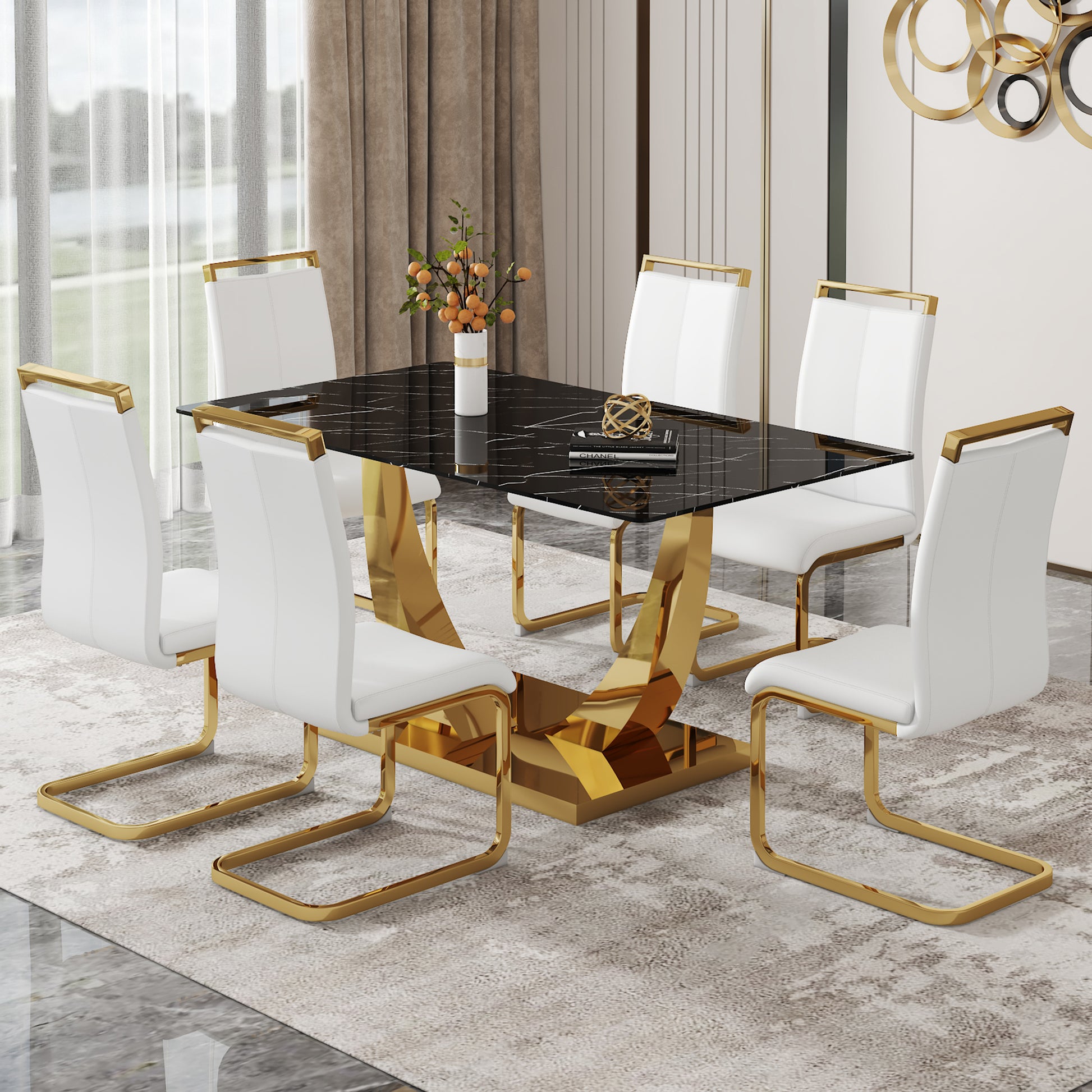 Table And Chair Set.Modern Rectangular Dining Table With Black Textured Stickers Glass Tabletop And Gold Plated Metal Legs.Paried With 6 Comfortable Chairs With Pu Seats And Golden Metal Legs. White Gold Seats 6 Glass Metal