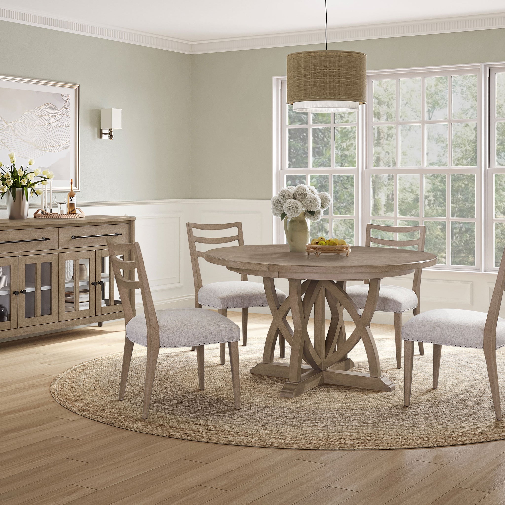 Round Dining Expandable Dining Table Sand Solid Wood Mdf