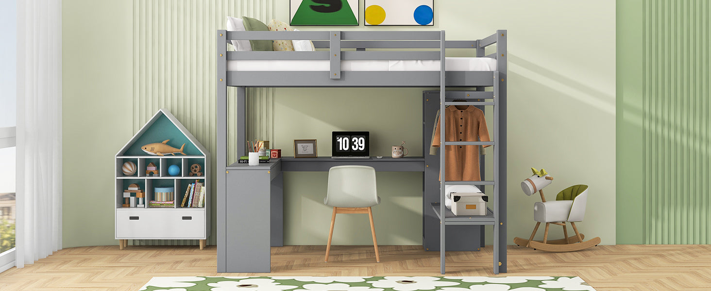 Twin Size Loft Bed With L Shaped Desk, Wardrobe And Storage Shelves, Grey Expected Arrival Time: 8.31 Box Spring Not Required Twin Grey Wood Bedroom Solid Wood Mdf