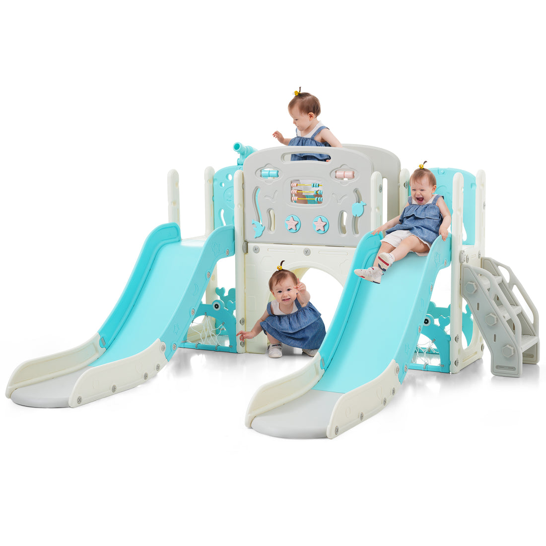 Kids Slide Playset Structure 8 In 1, Freestanding Ocean Themed Set With Slide, Arch Tunnel,Basketball Hoop And Telescope, Double Slides For Toddlers, Kids Climbers Playground Blue 50 99 Lbs Cute 1 To 2 Years Hdpe Indoor & Outdoor Use