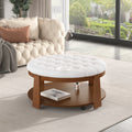 Modern Large Round Ottoman Coffee Table 2 Tier Oversized Button Tufted Ottoman With Wood Shelf Storage Upholstered Coffee Table For Living Room Footrest Ottoman With Wheel, Waterproof Linen Ivory White Rubber Wood