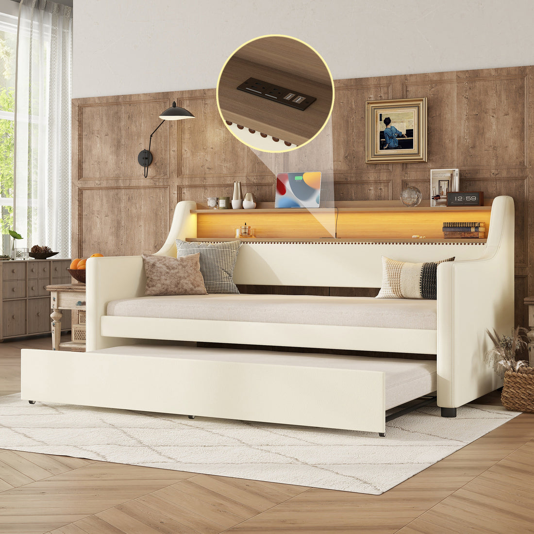 Twin Size Daybed With Trundle, Upholstered Daybed With Charging Station And Led Lights, White Expect Arrive Date:May 20Th. Twin White Pu Leather