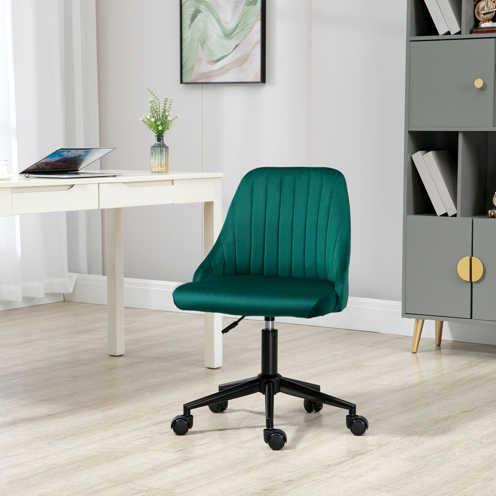 Vinsetto Mid Back Office Chair, Velvet Fabric Swivel Sop Shape Computer Desk Chair For Home Office Or Bedroom, Green Green Polyester