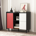 Sideboard Buffet Cabinet, Black Storage Cabinet With Red Doors2 Drawers With Unique Panel Styling And 2 Open Storage Compartment, Modern Coffee Bar Cabinet Accent Cabinet For Kitchen, Dining Room Black Red Mdf